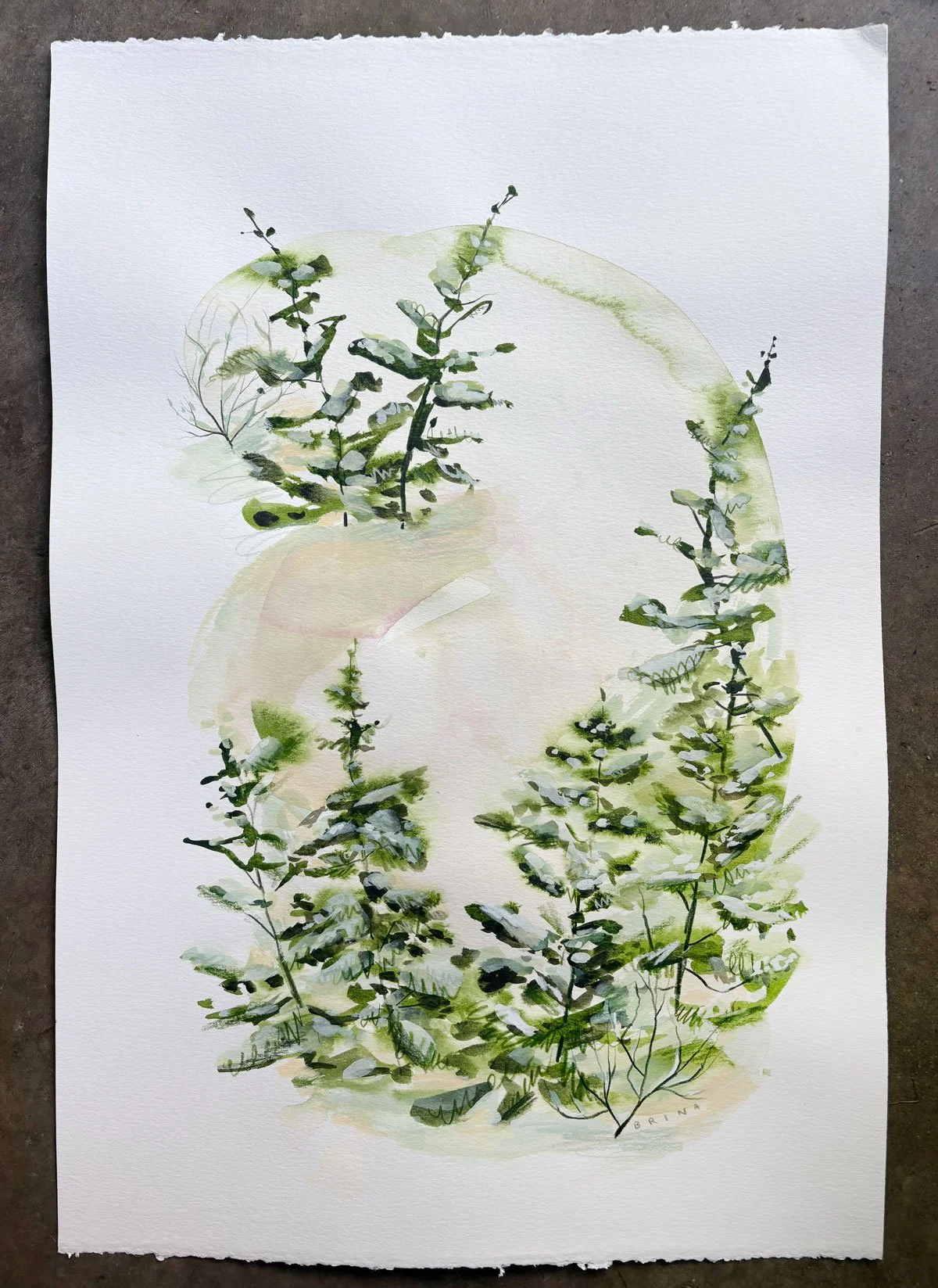 a minimalist evergreen tree landscape using mixed media by Brina Schenk