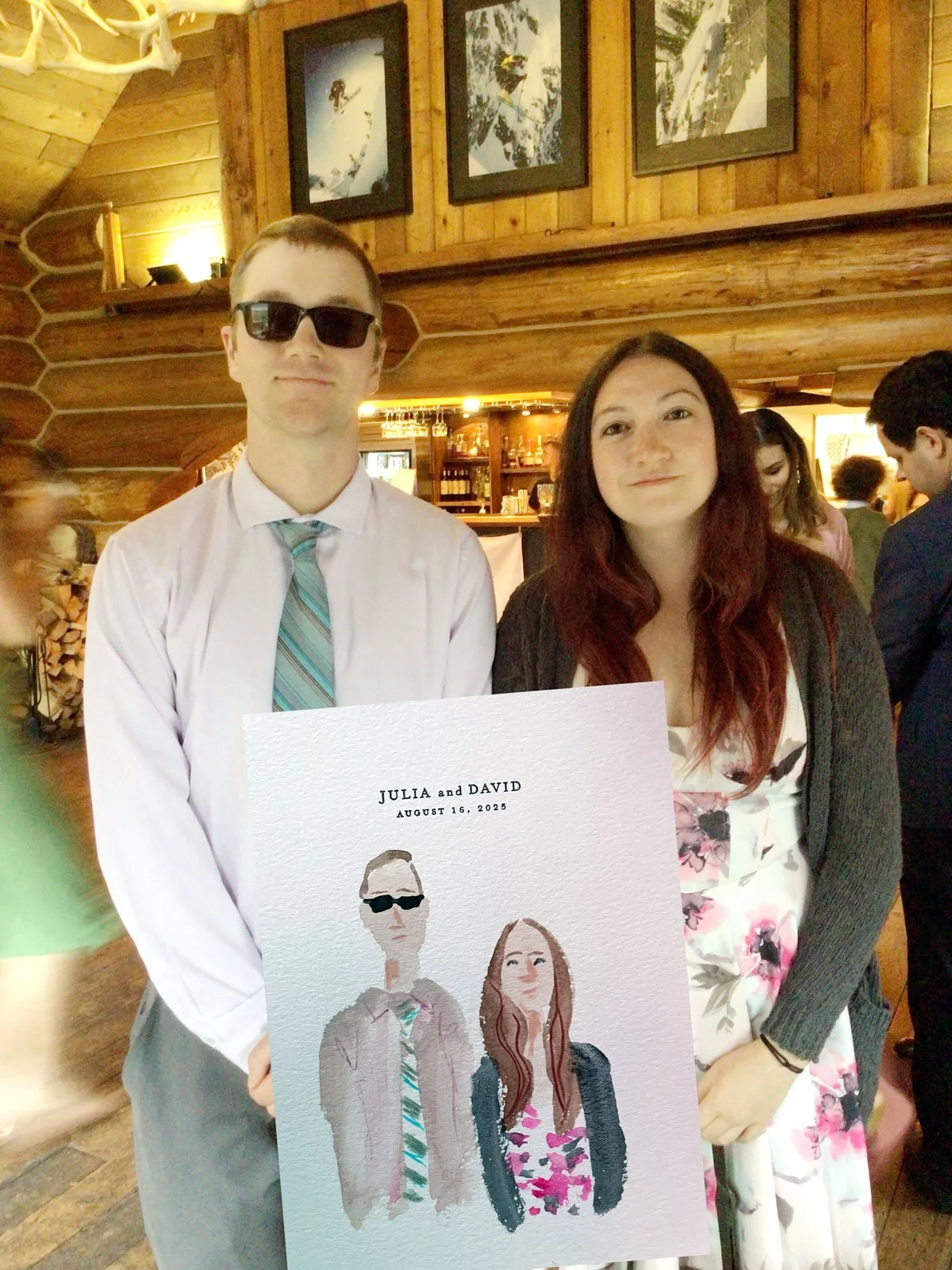 Live guest portrait painting at a wedding in Fernie, BC, Canada at Island Lake Lodge