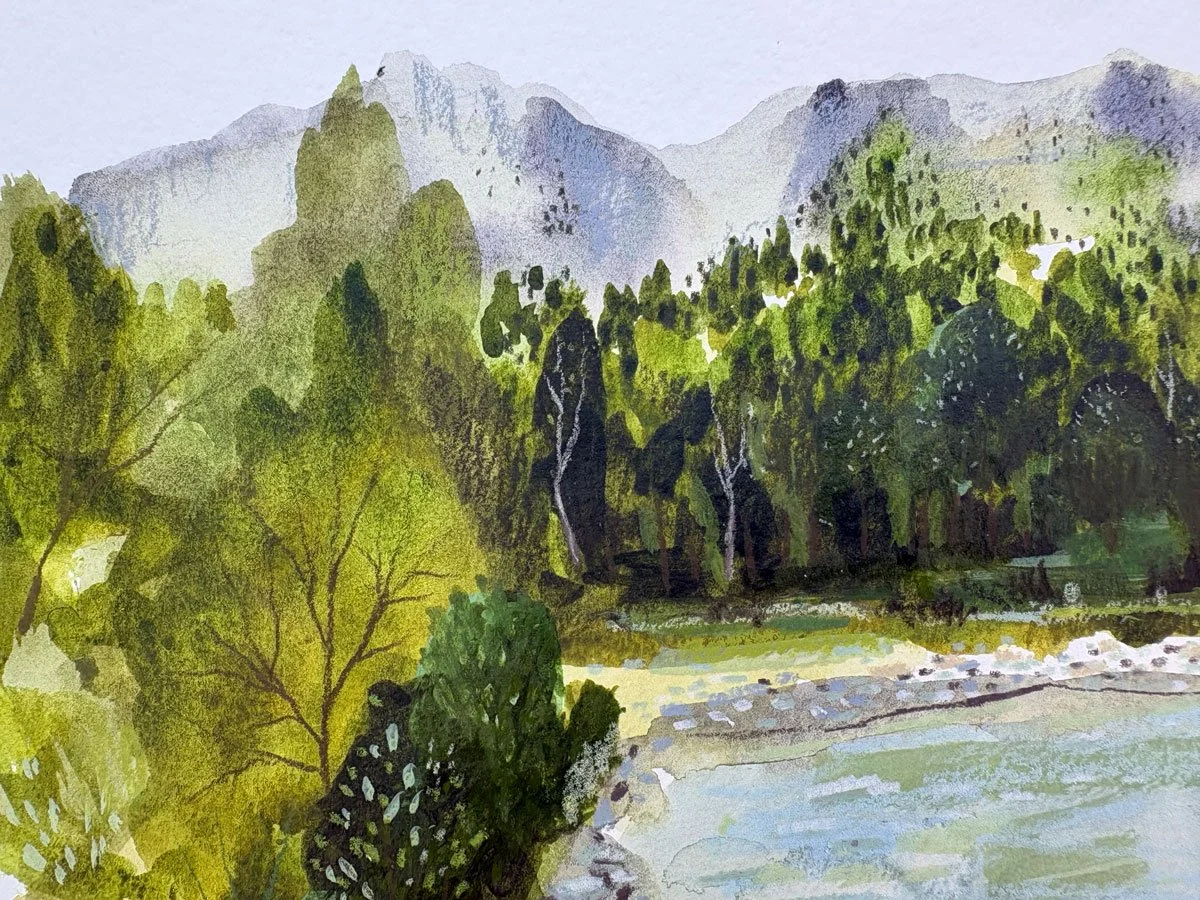 mixed media landscape artwork by Brina Schenk of a lush dogwood park and boat launch with Rocky Mountains in the background