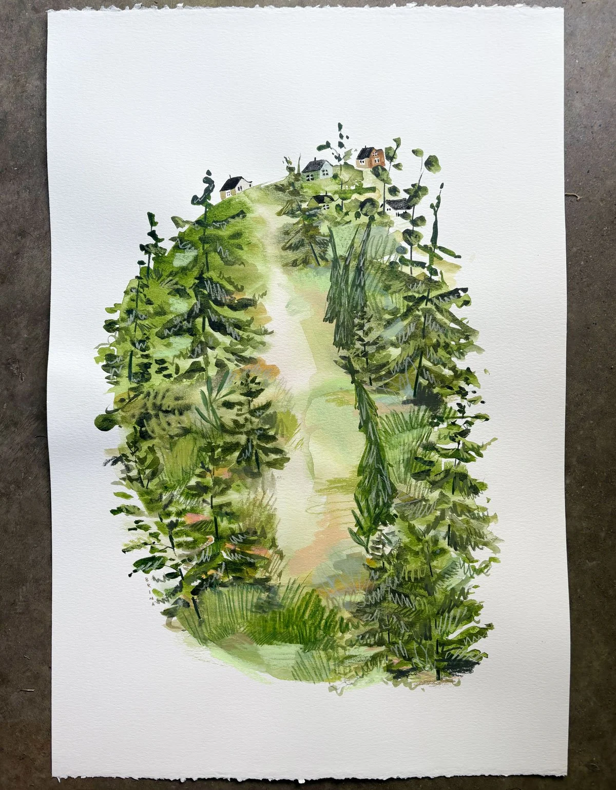 a mixed media landscape painting by Brina Schenk of a pathway leading straight to a small community