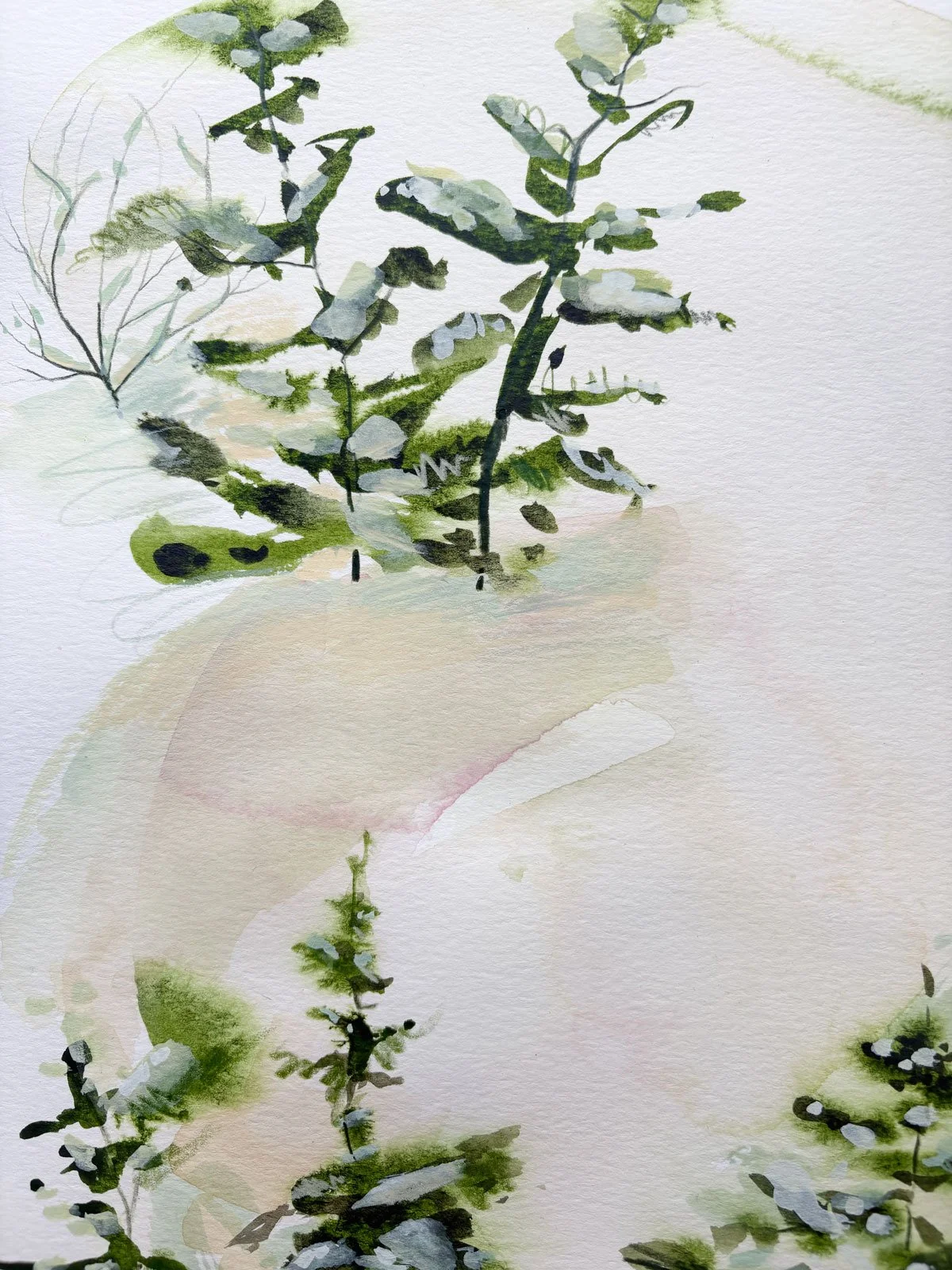 a mixed media winter landscape of evergreen trees and melting snow by Brina Schenk