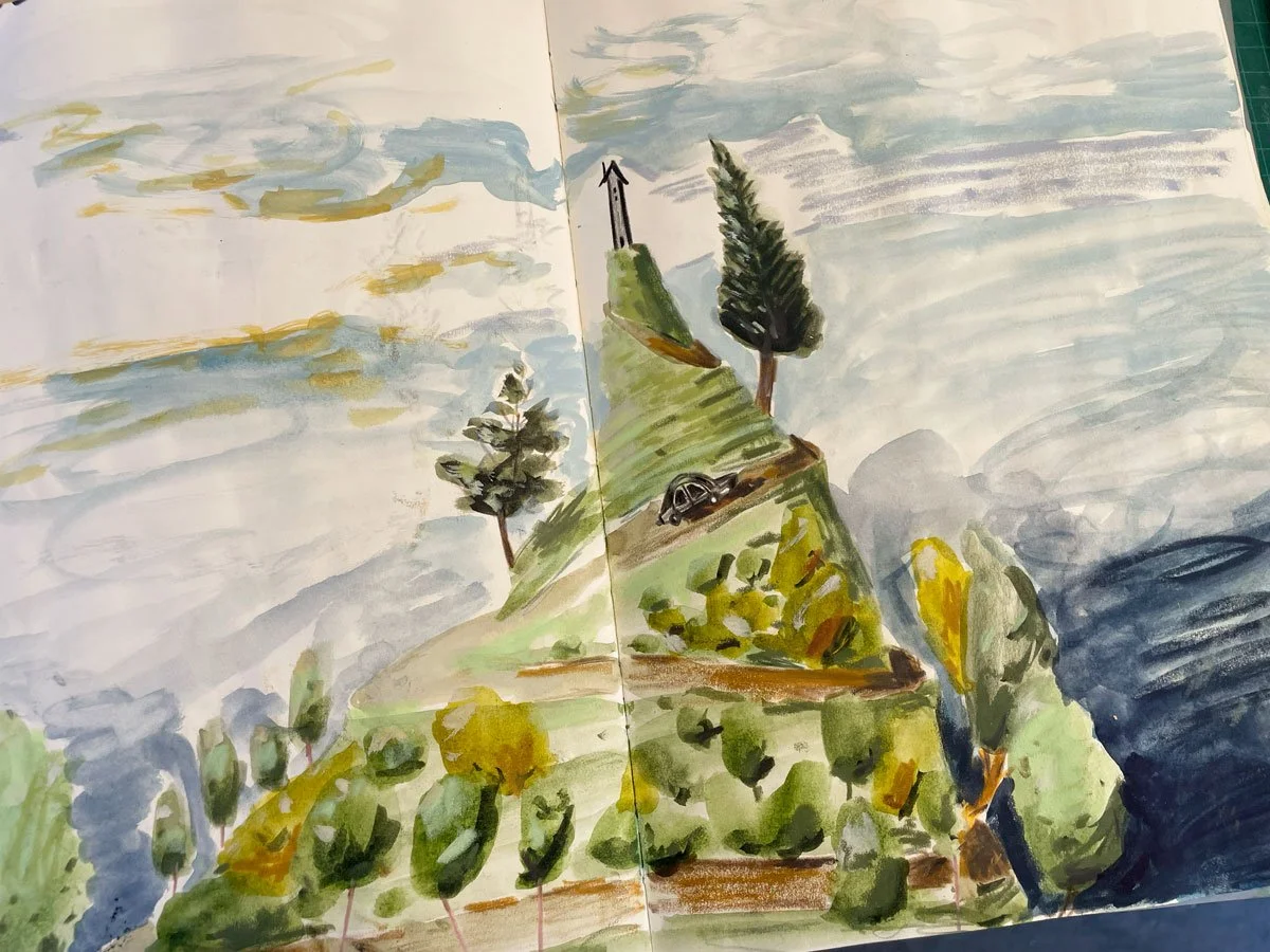 example of Mountain Road by Brina Schenk in her sketchbook using mixed media