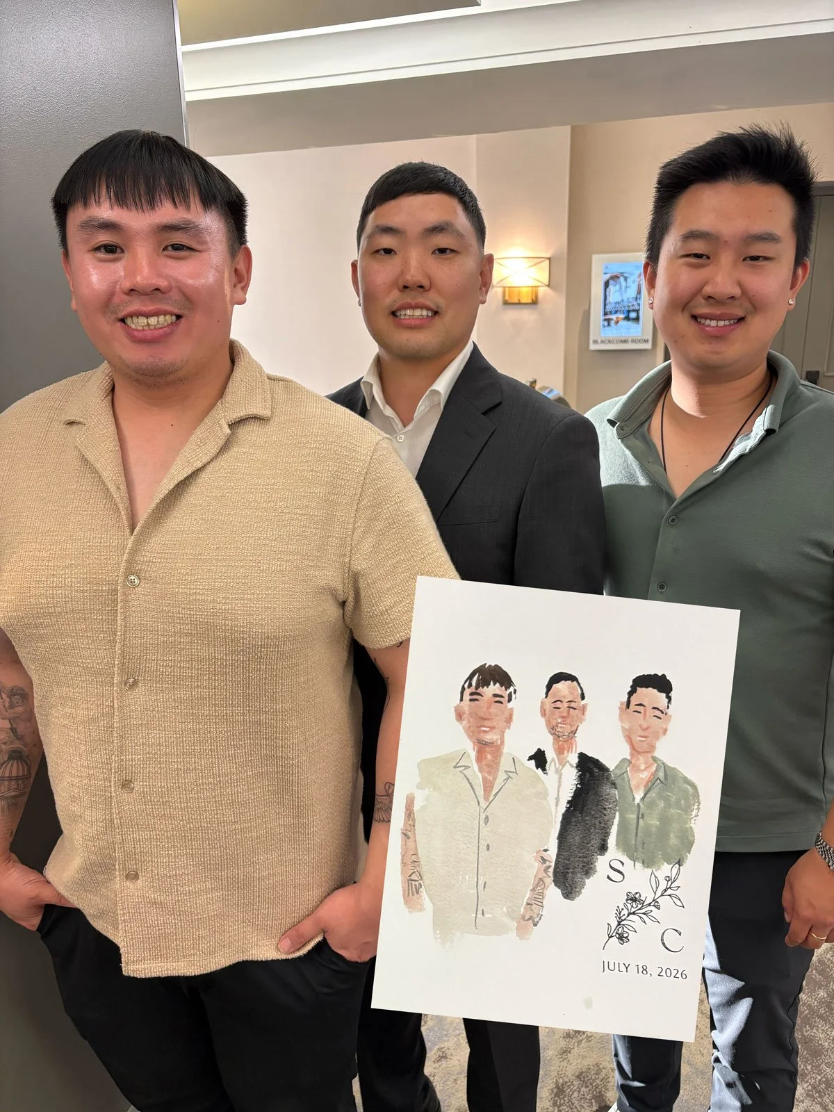 watercolour and pencil portraits at wedding in Vancouver of best friends