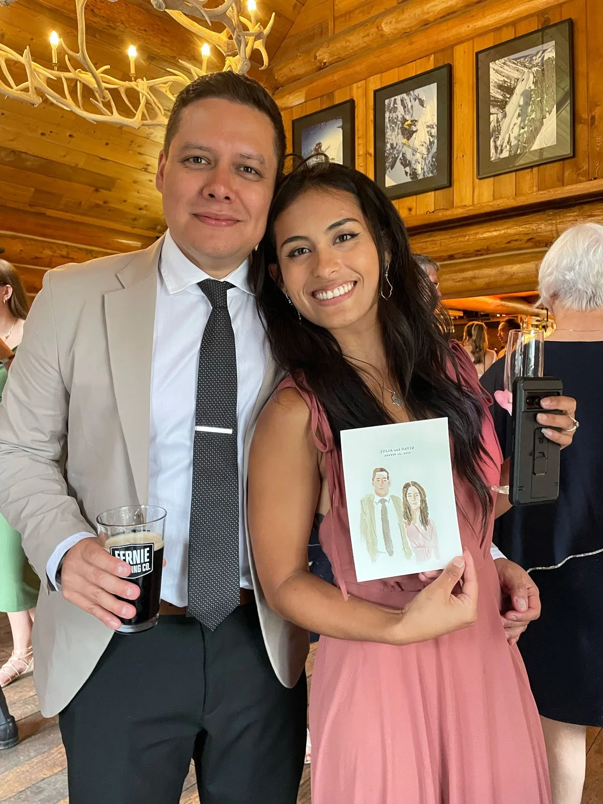 Live guest portrait watercolour painting in Fernie BC by Brina Schenk, wedding located at Island Lake Lodge