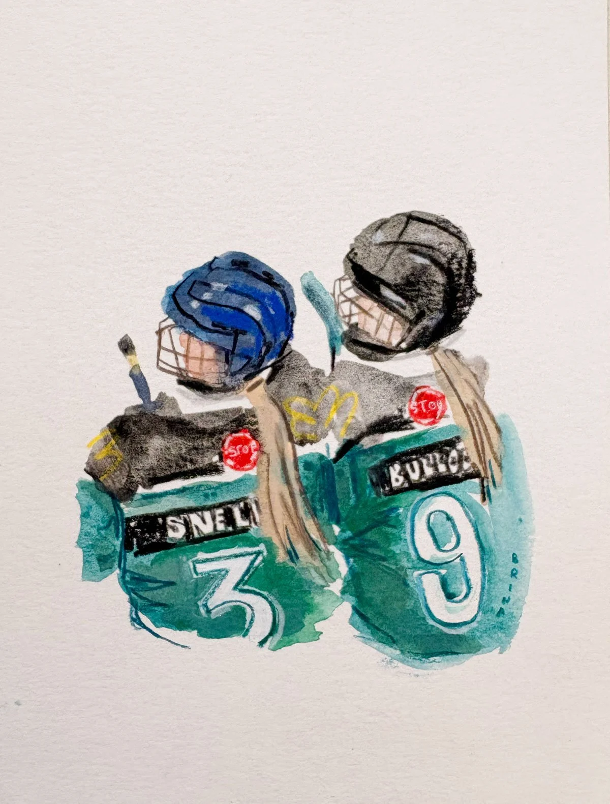 Two girl friends in hockey jerseys quick portrait painting gift