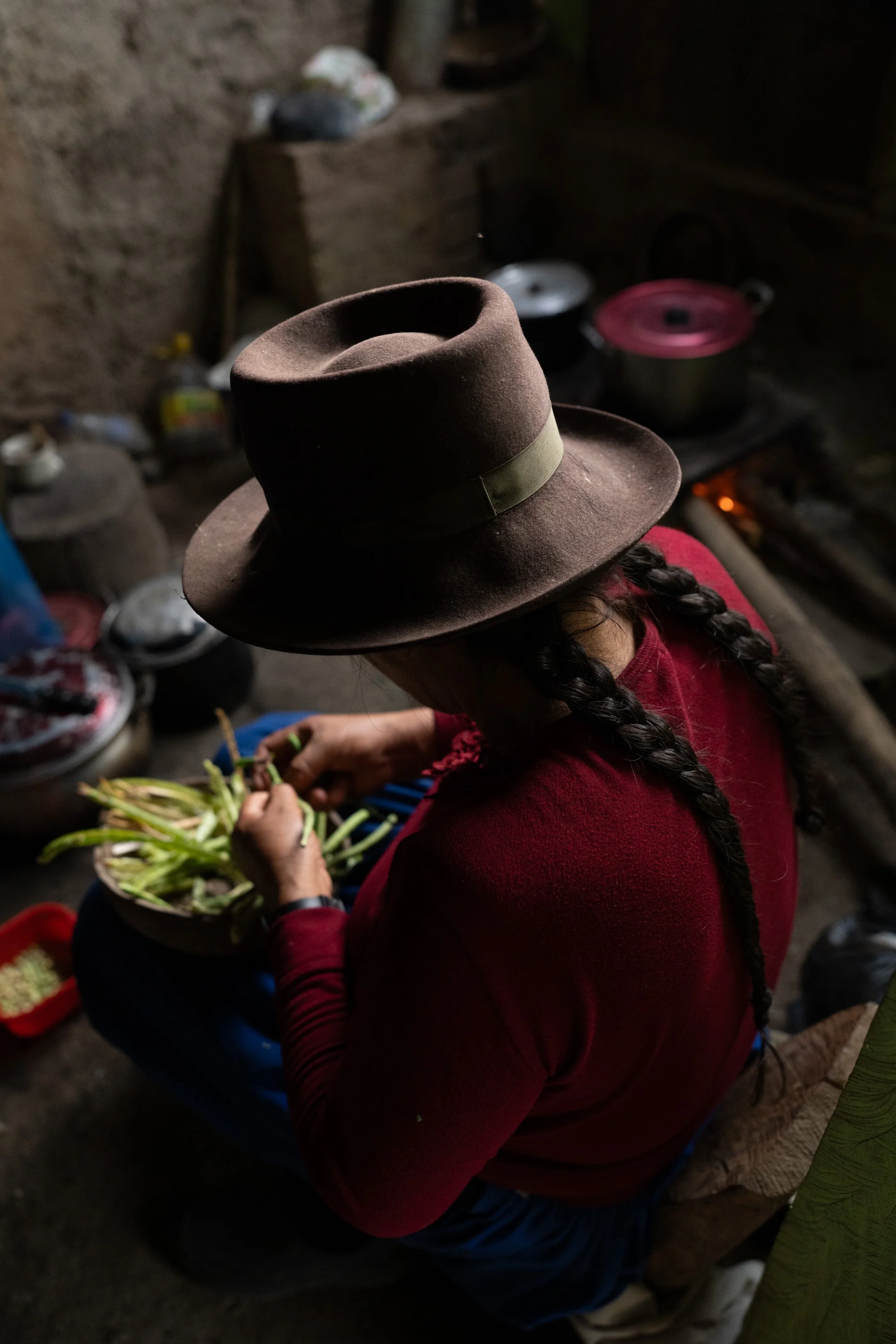 Mirtha Huaman Garay shells beans that she grew beneath young cacao trees in the diversified agroforestry system their family employs in the Ayacucho region of Peru.