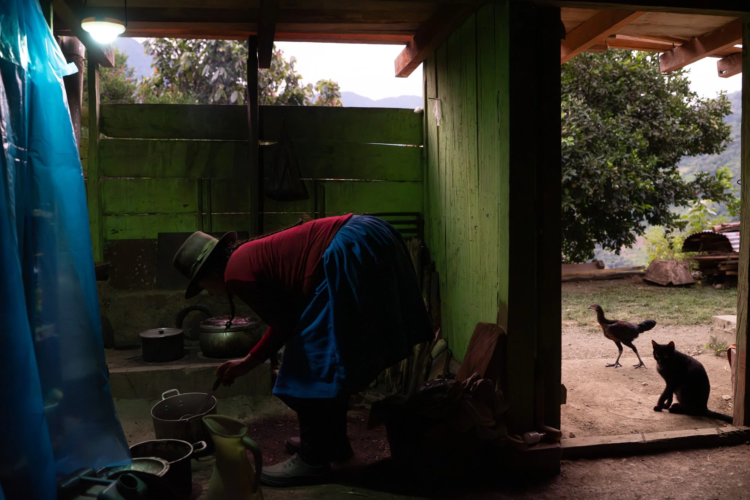 Mirtha Huaman Garay stirs soup in the light of a portable, rechargeable light. The region doesn't yet have electricity, but her family has one solar panel which is used to charge a few lights and their mobile phones.