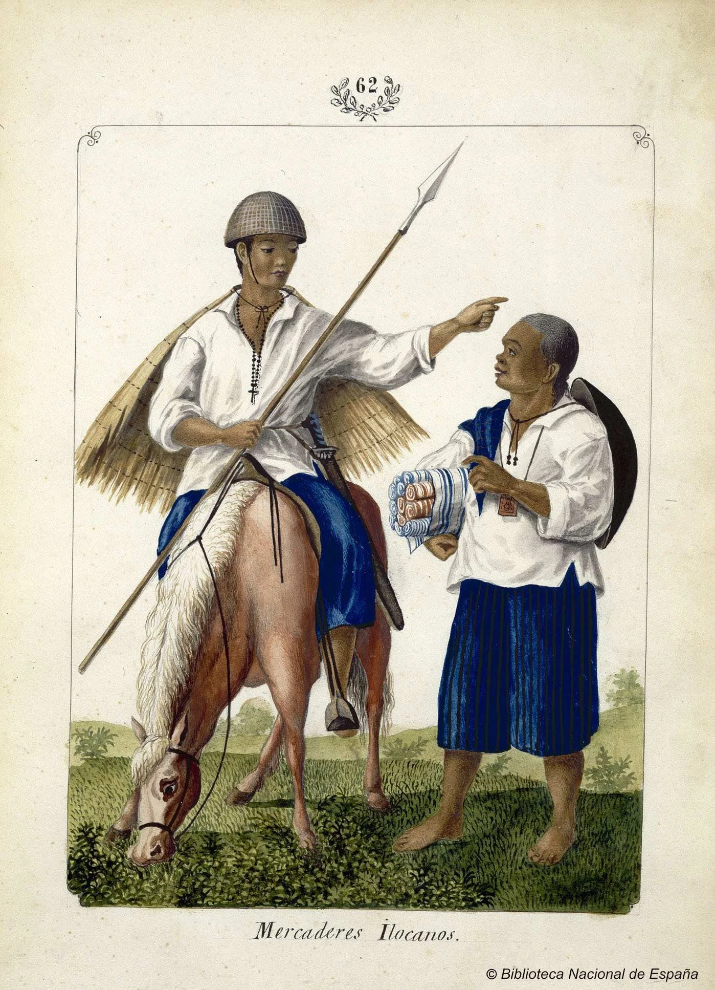Depictions resembling traditional Ilocano merchants. These show practical dress and woven hats that resemble the “kattukong,” a traditional Ilocano headgear that persists into later periods.