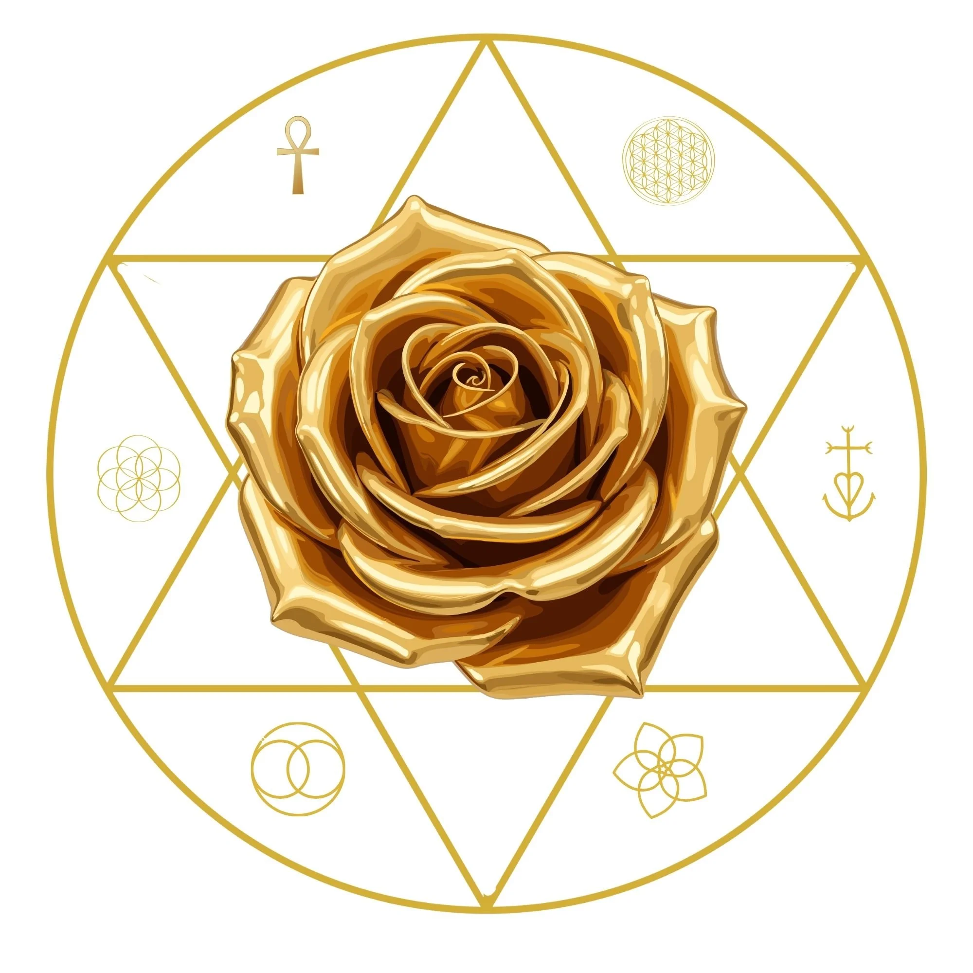Golden rose in the center surrounded by sacred geometric symbols and golden lines in a circular pattern.