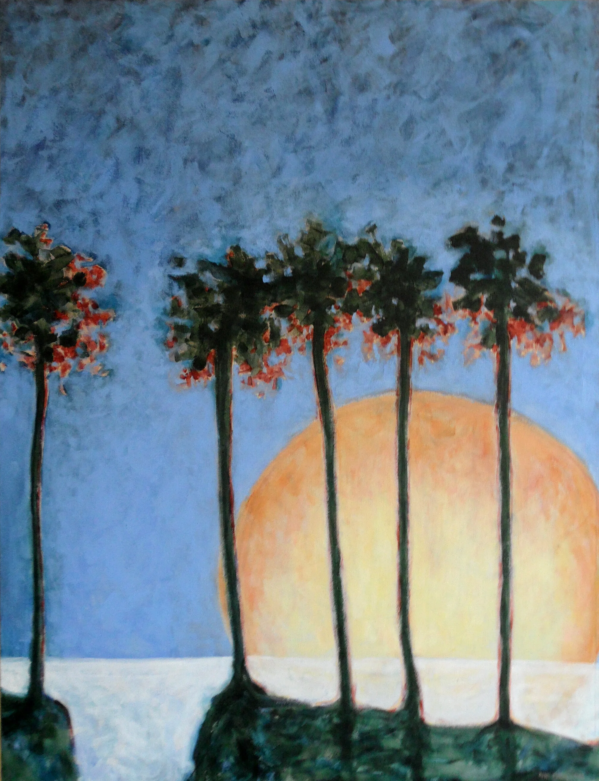 Five Tall Trees Against Giant Rising Sun | Acrylic | 40 x 30 inches | 1994