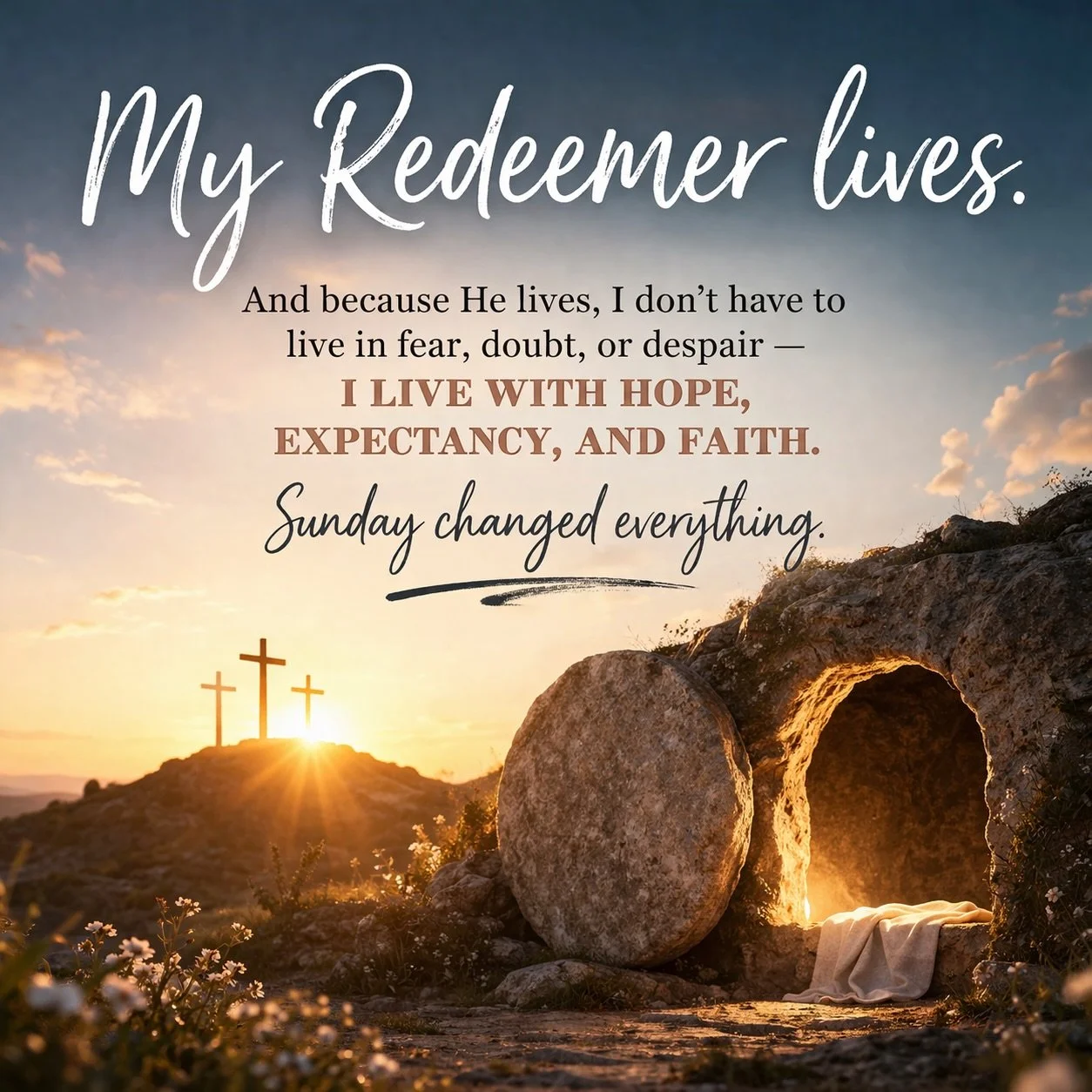 My Redeemer lives!  
And because He lives, I don&rsquo;t have to live in fear, doubt, or despair. I live with hope, expectancy, and faith. 
Sunday changed everything. 🙌🏼

#MyRedeemerLives #EasterSunday #SundayChangedEverything