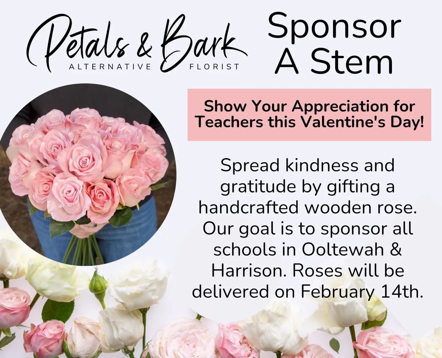 Support our teachers with a random act of kindness! 

Join Petals &amp; Bark in making a difference this Valentine's Day by contributing just $5 to sponsor a handmade wooden rose. Help us spread joy and gratitude to educators at the Ooltewah &amp; Ha