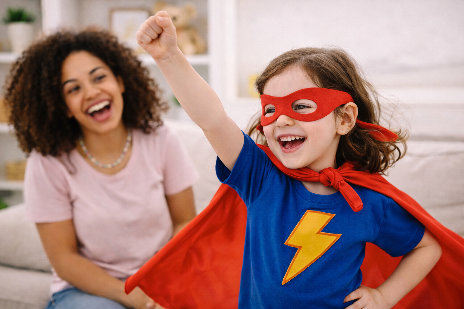 Babysitter playing a superhero game with a child at home during in-home childcare.
