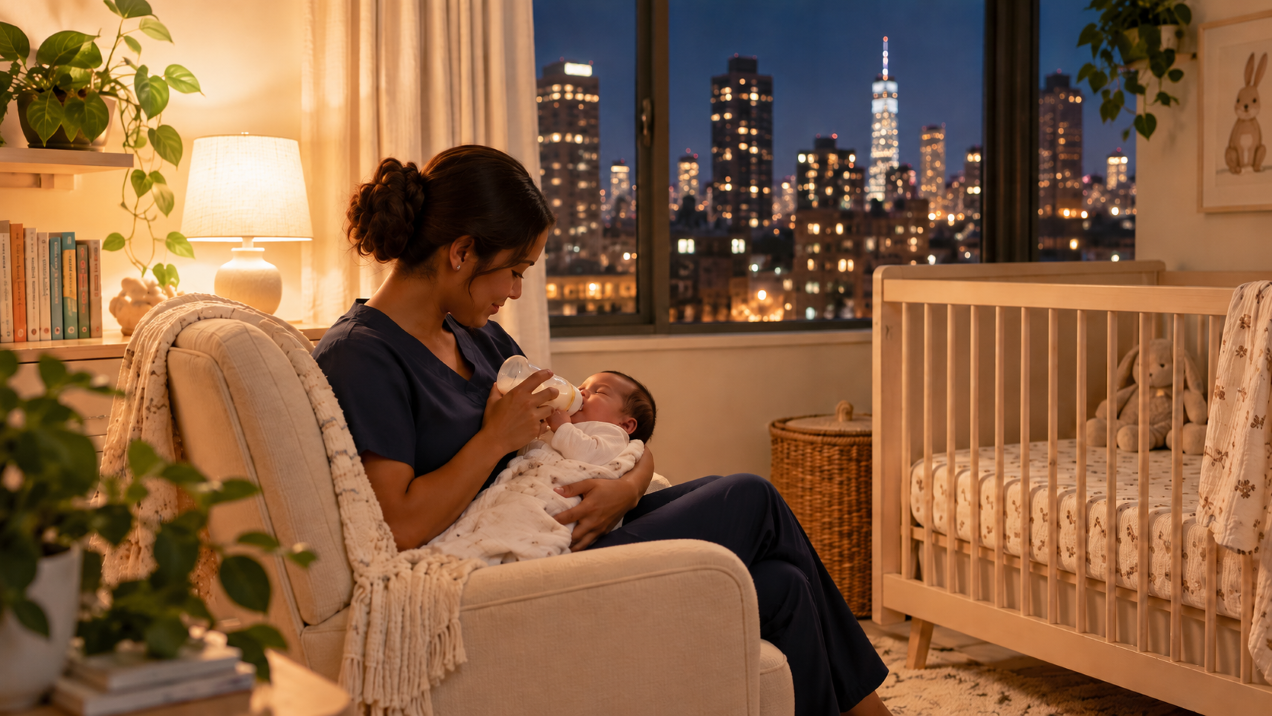 Night nurse bottle-feeding a newborn at night in a New York City apartment