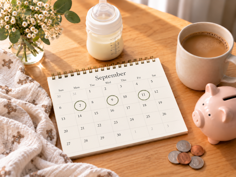 Calendar with three nights circled next to a baby bottle, coffee and piggy bank, planning night nurse care on a budget