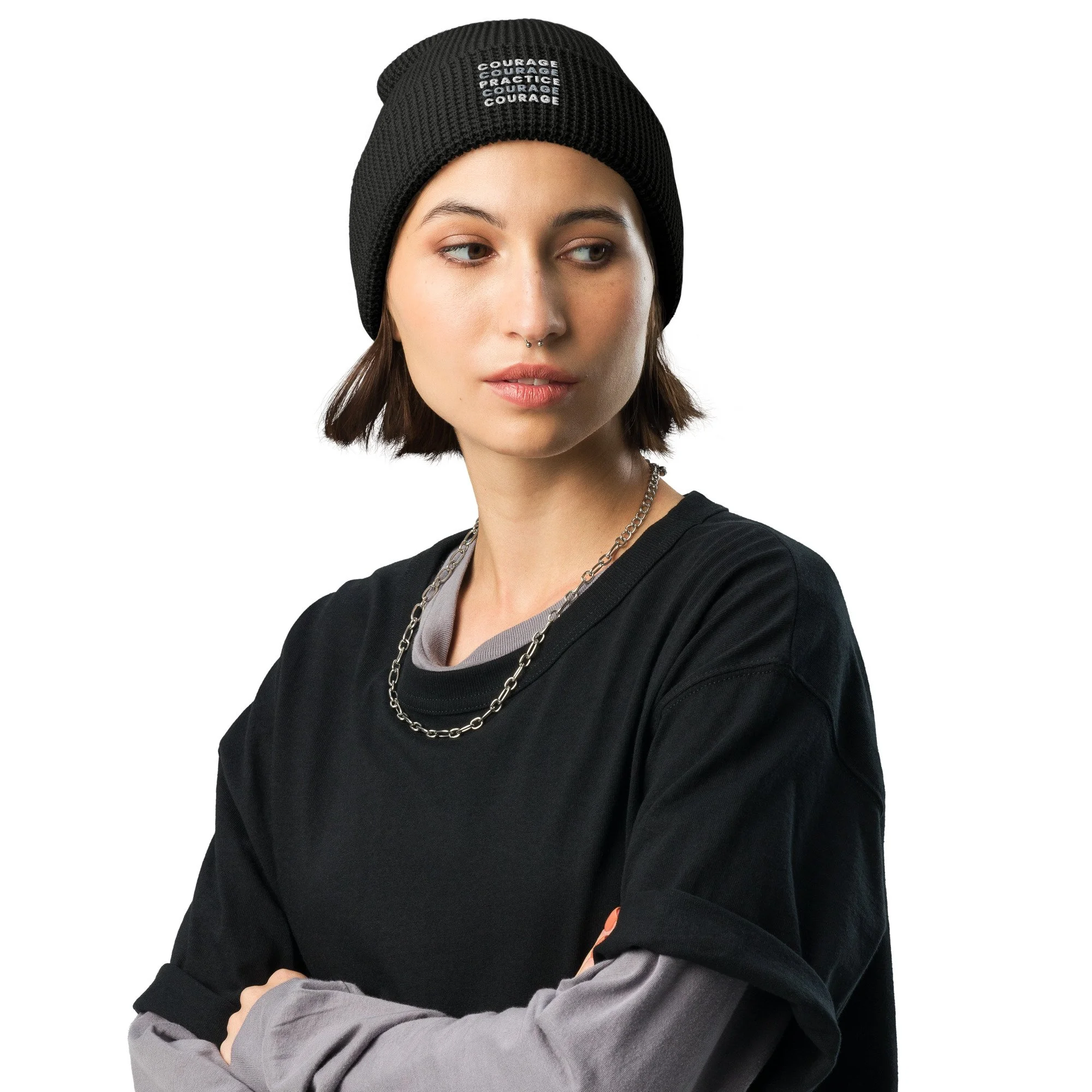 The Waffle Knit Beanie | White & Light Gray Embroidered Logo
