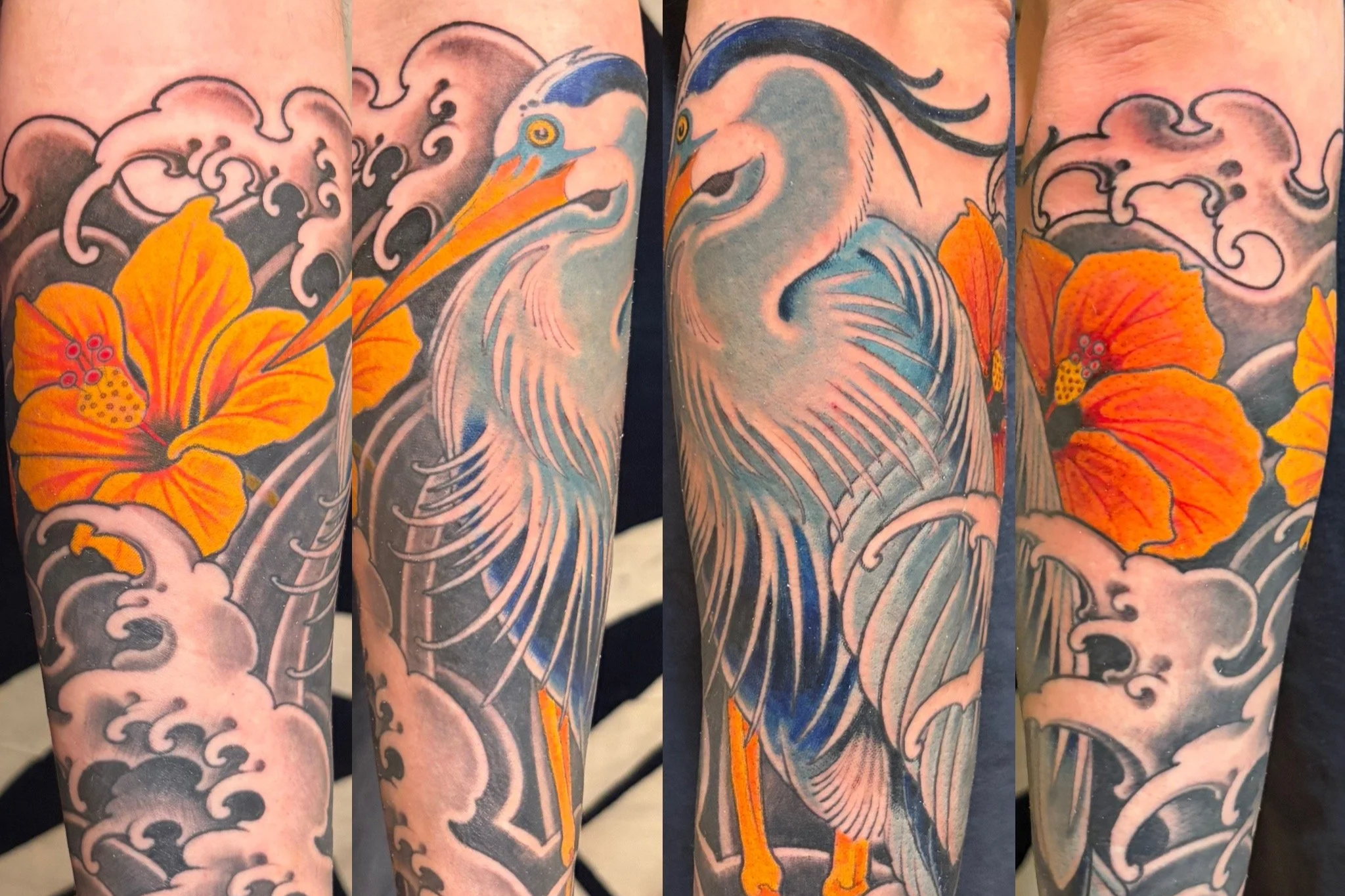 Illustrative color heron with plumeria and water waves
