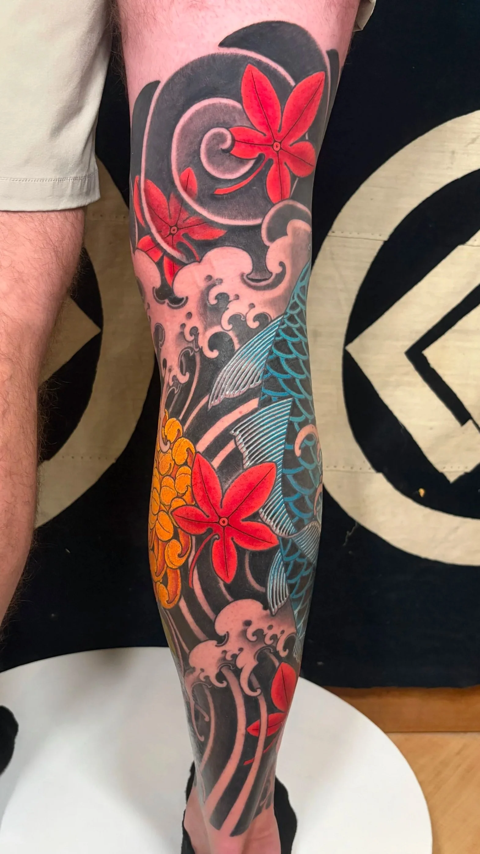 Men's Irezumi Leg Sleeve water maple leaves in bright colors