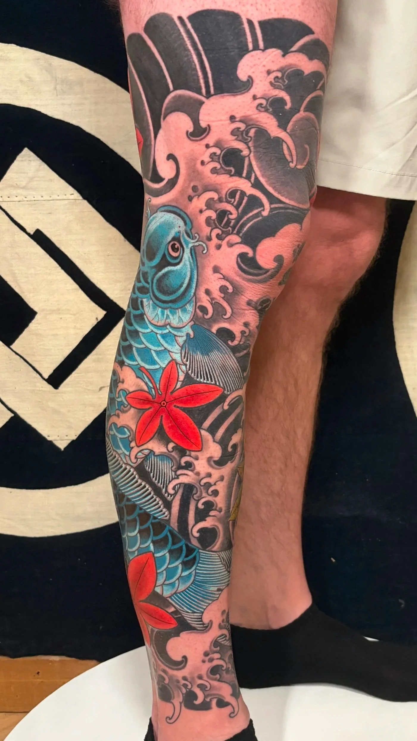 Bold colorful Japanese Leg Sleeve by Japanese Austin Tattoo Artist Jason Metka