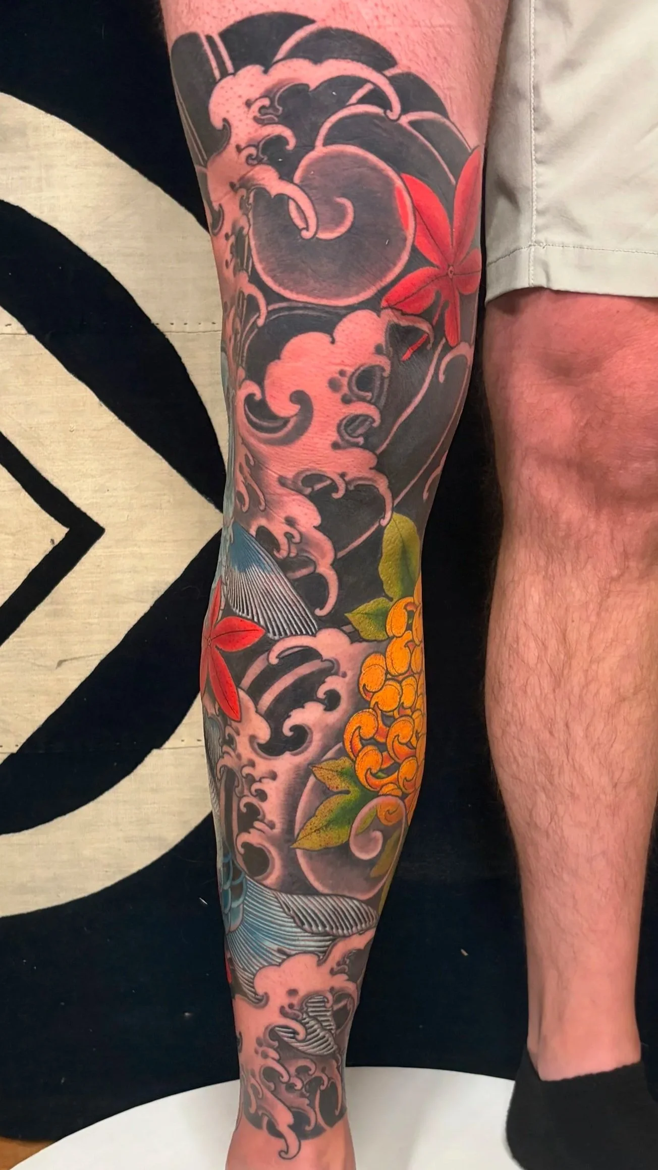 Men's Japanese black and grey background leg sleeve with bold color Koi and Maple Leaves