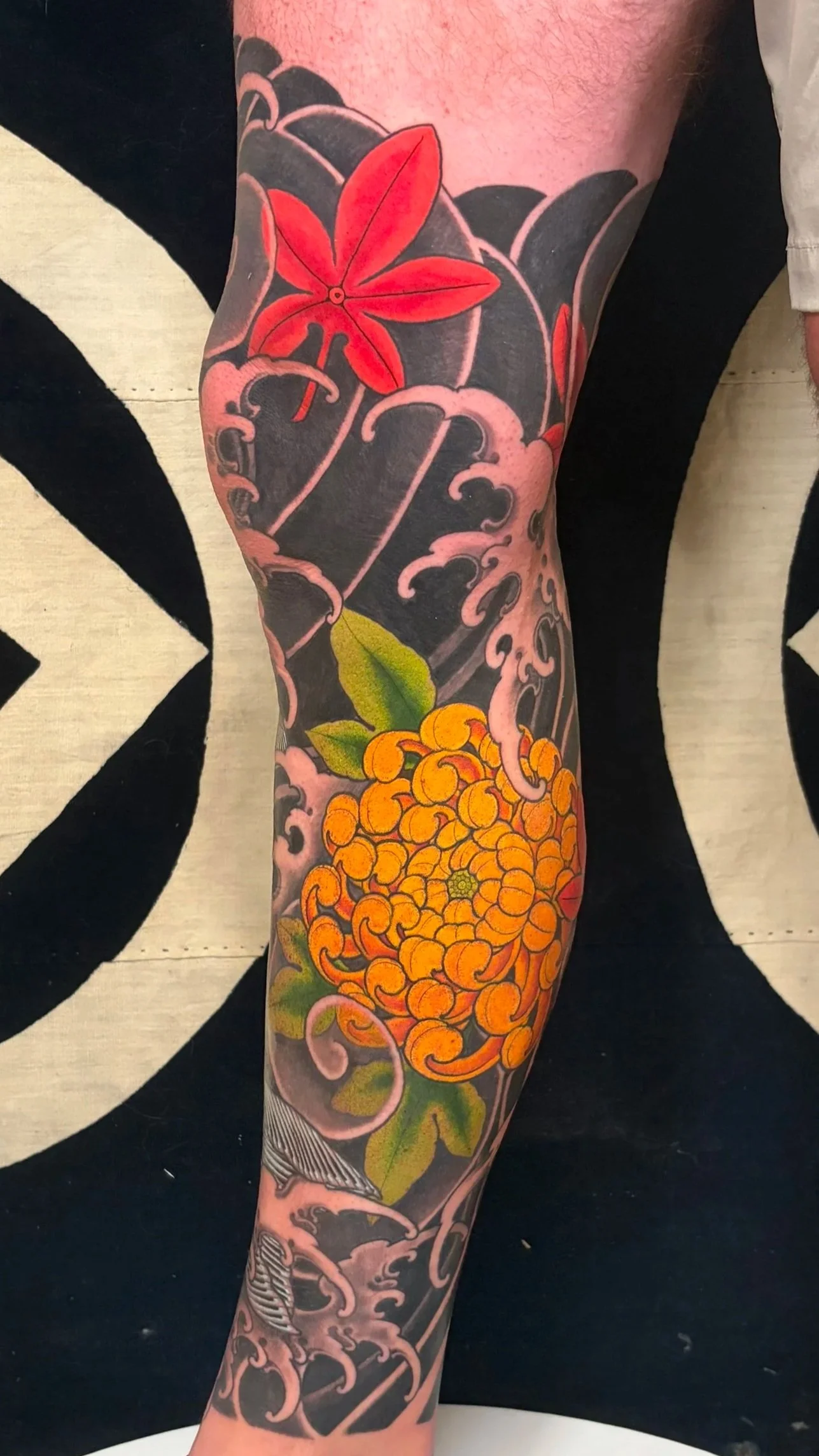 Refined style Men's Japanese leg sleeve featuring Yellow Chrysanthemum and smooth full coverage background