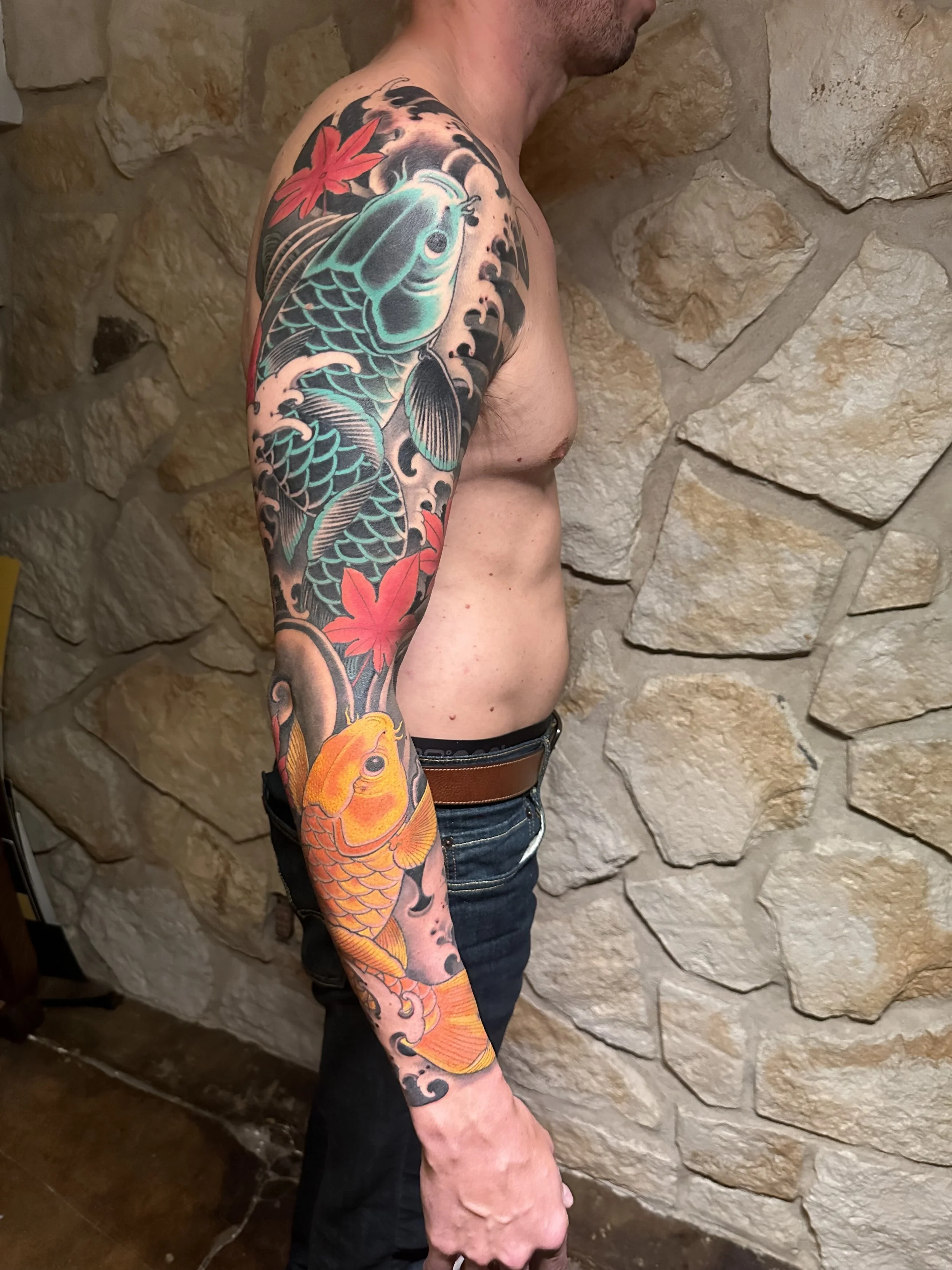 Irezumi men's Japanese sleeve with Koi, water and maple leaves