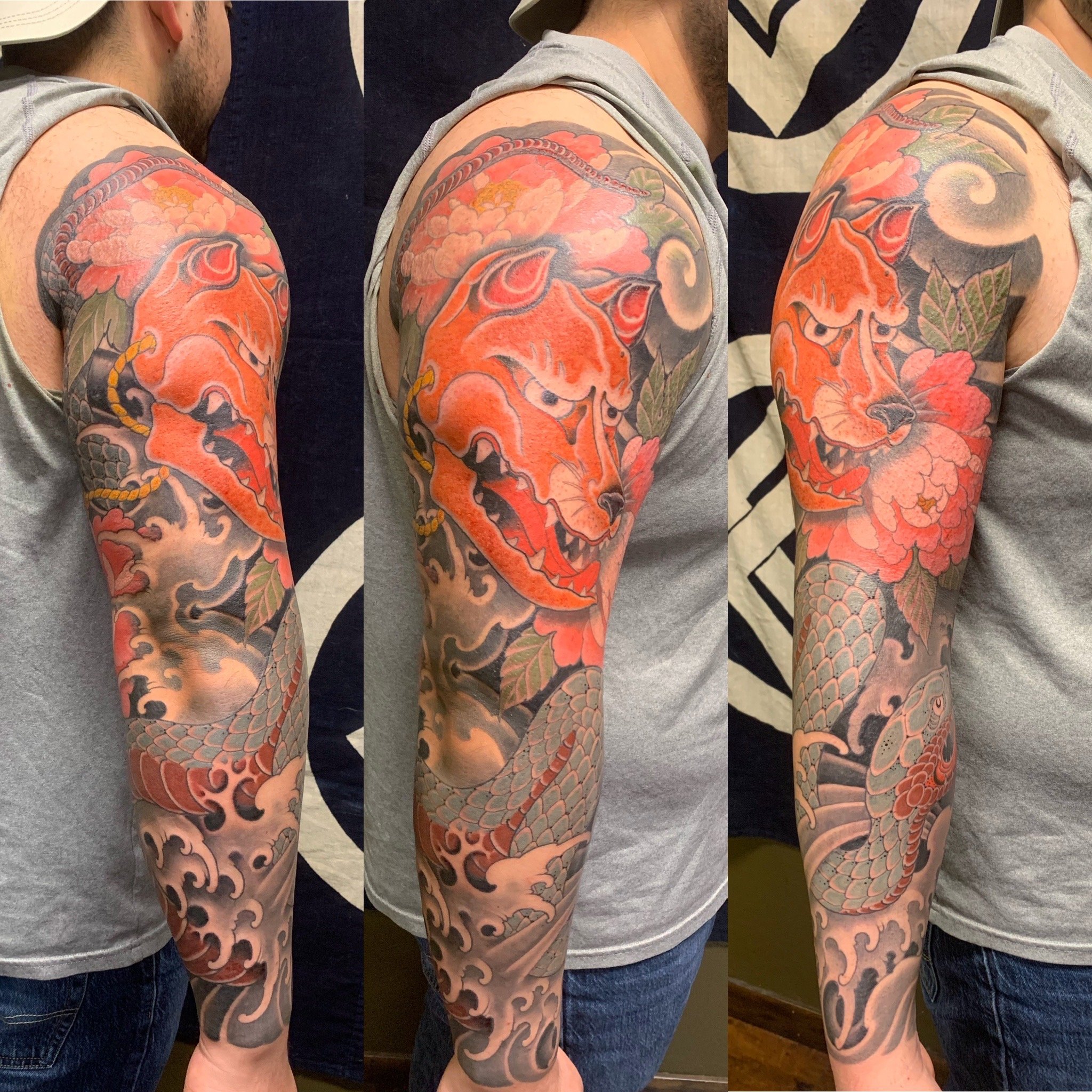 Kitsune mask full coverage color sleeve with water and muted tone snake