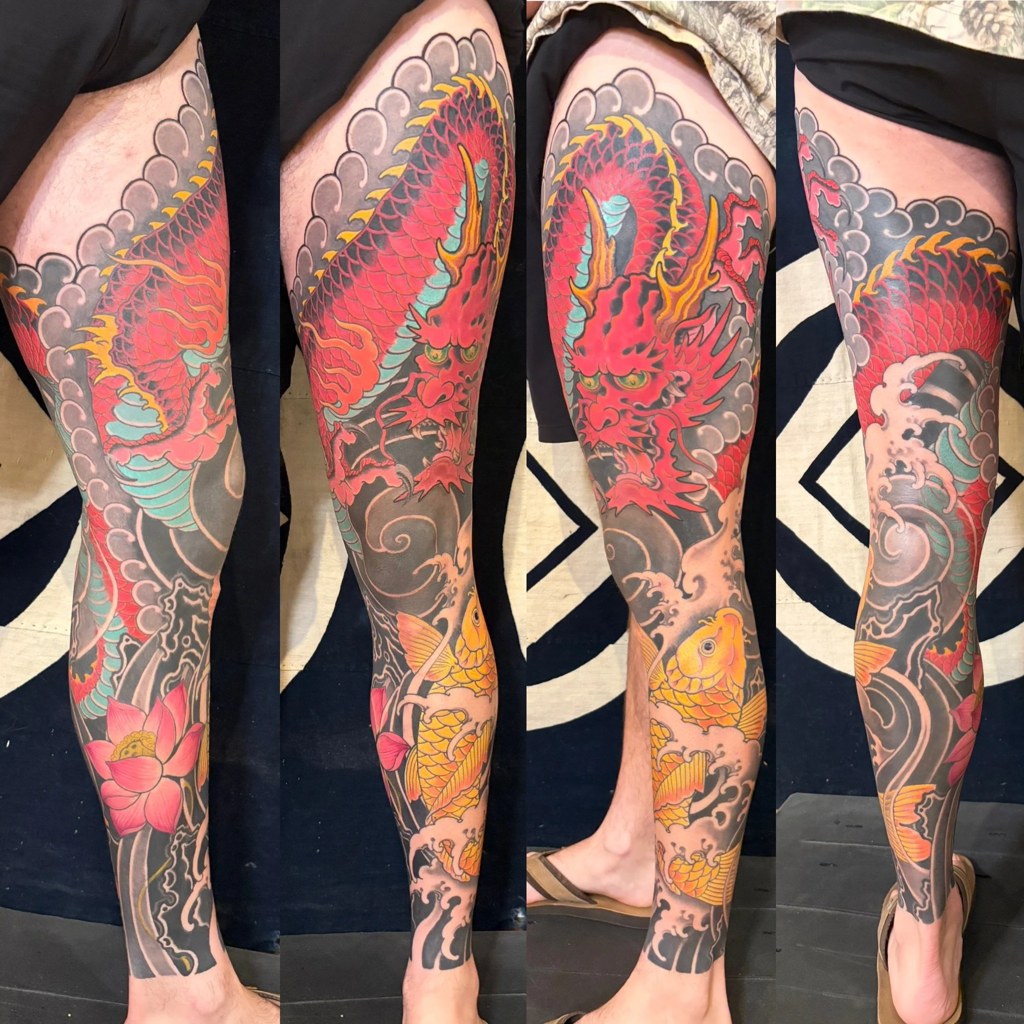 Japanese Irezumi Dragon Koi Lotus water clouds leg sleeve for men in color