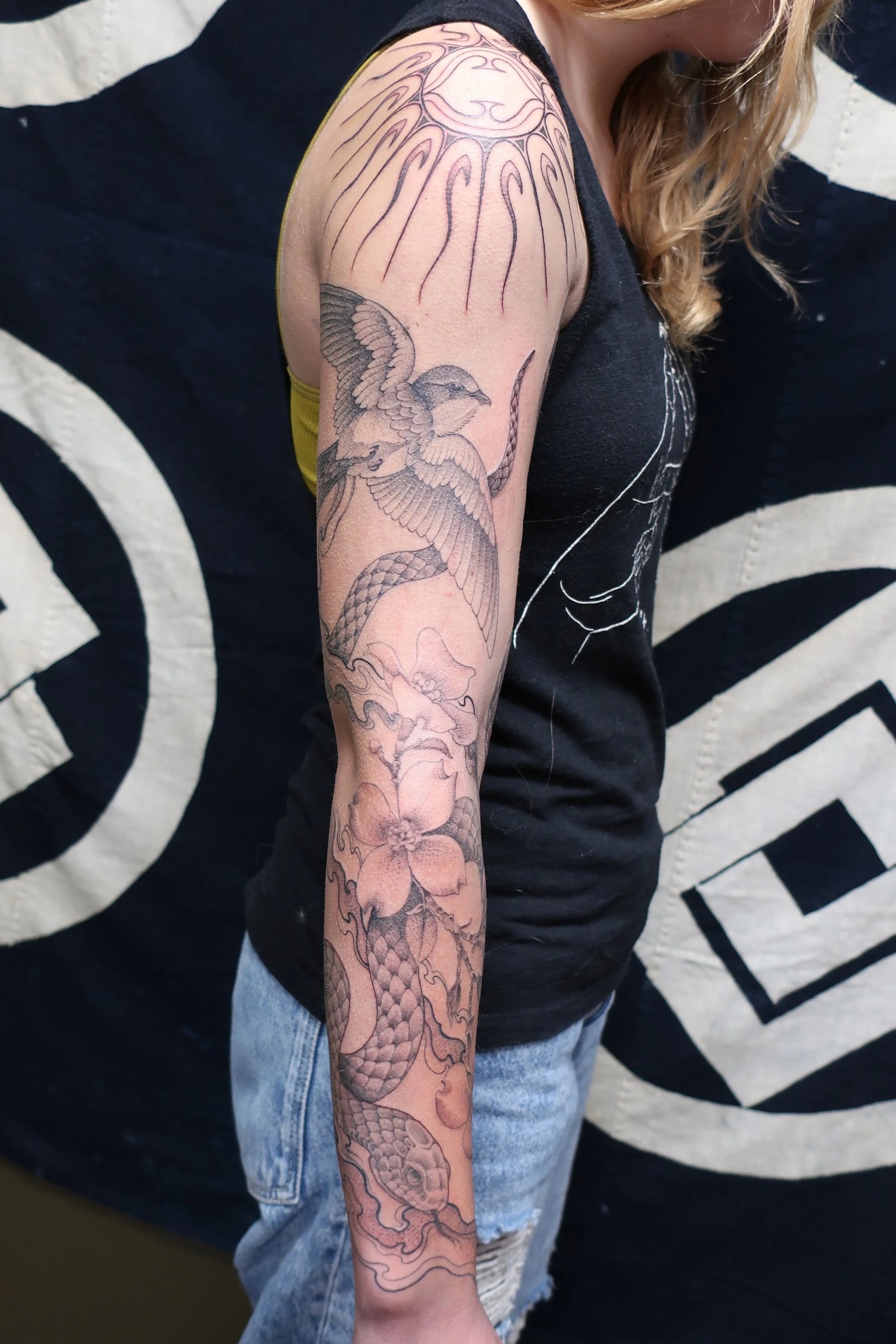 Fine line negative space minimalism tattoo sleeve