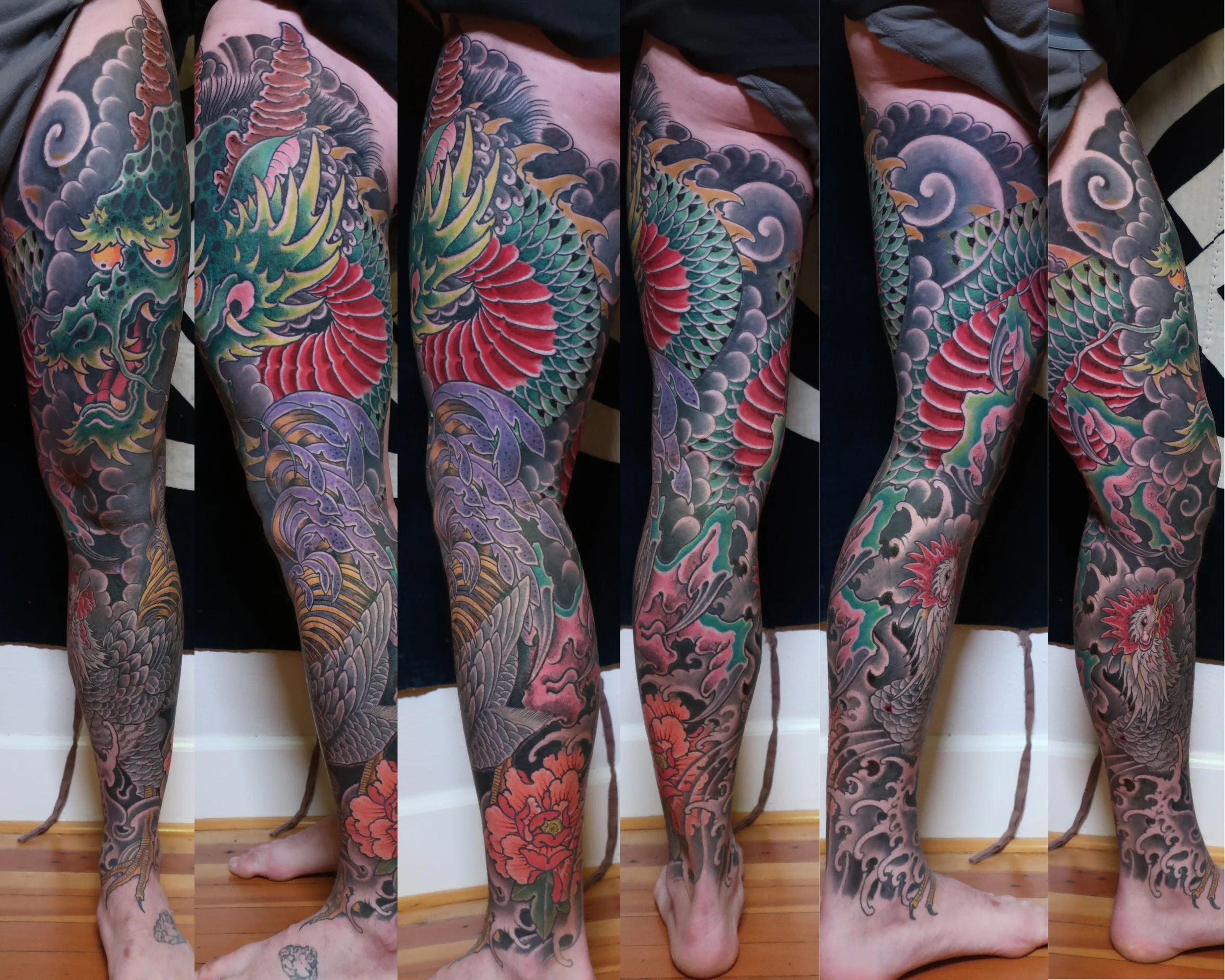 Men's Irezumi Inspired Dragon Rooster Full Coverage Color Leg Sleeve by Jason Metka