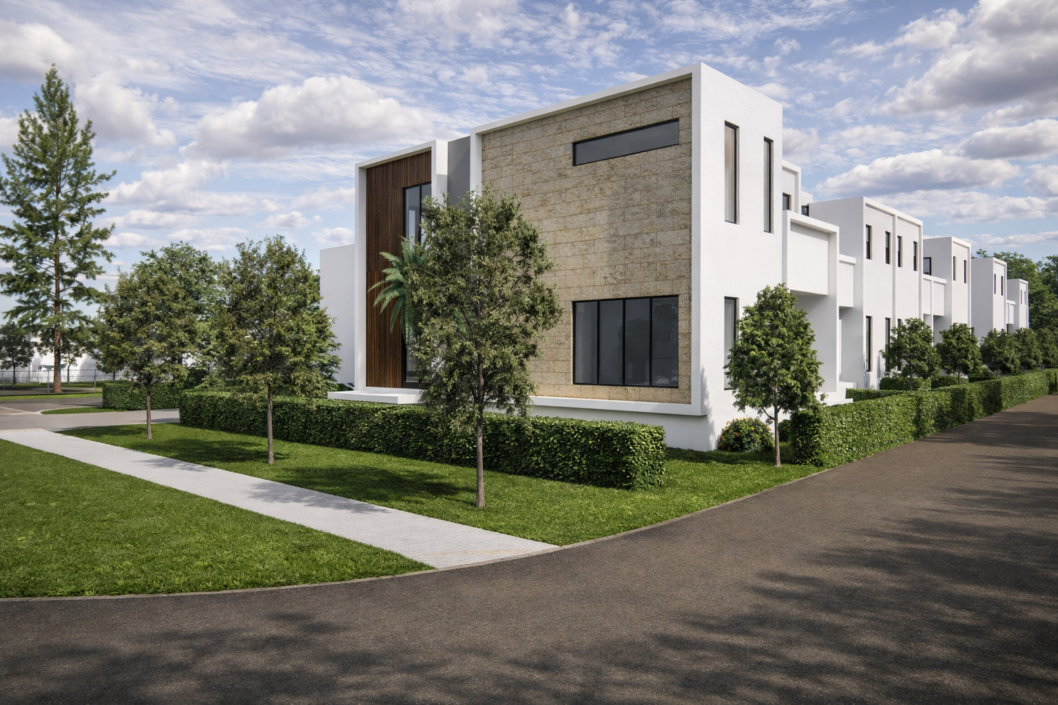 Modern suburban townhouses with greenery.png