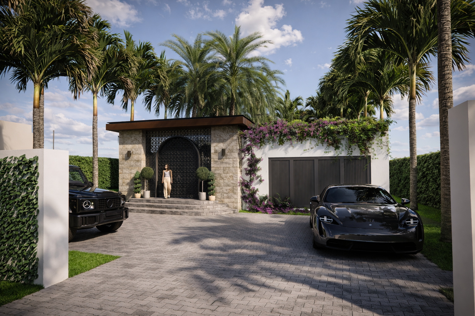 Modern tropical home entrance with luxury cars.png