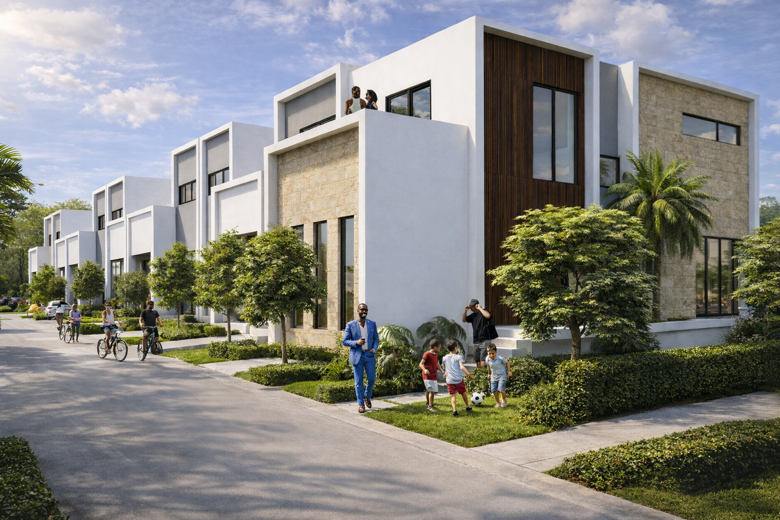 Modern suburban street scene with activity.png