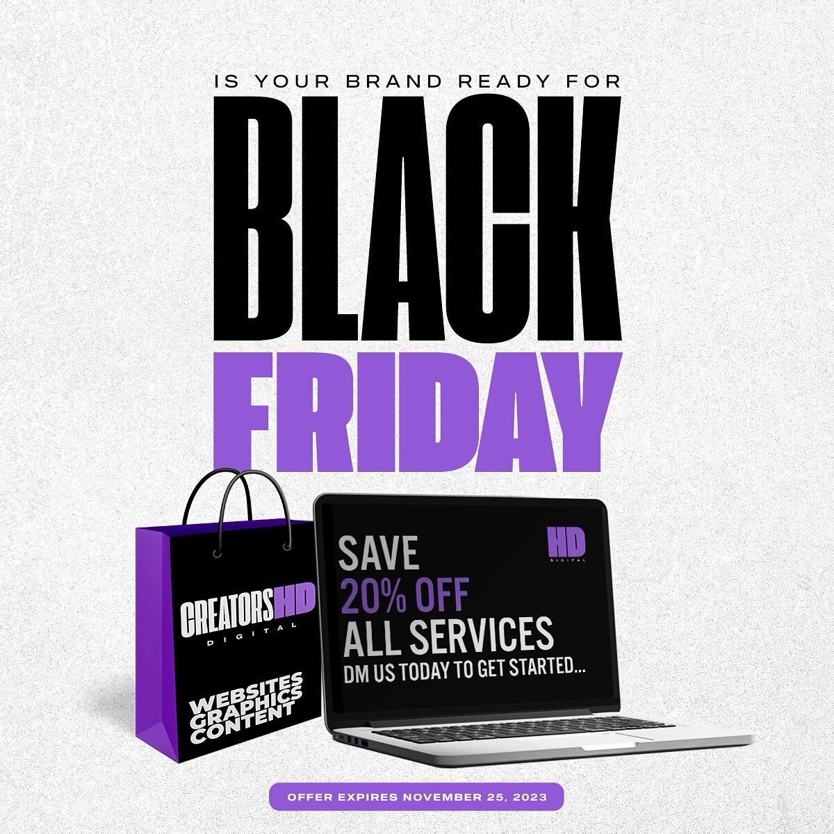 We&rsquo;re offering 20% off all services this holiday season, in honor of #blackfriday. Don&rsquo;t hesistate, let your brand take advantage of this deal! Let&rsquo;s work together.