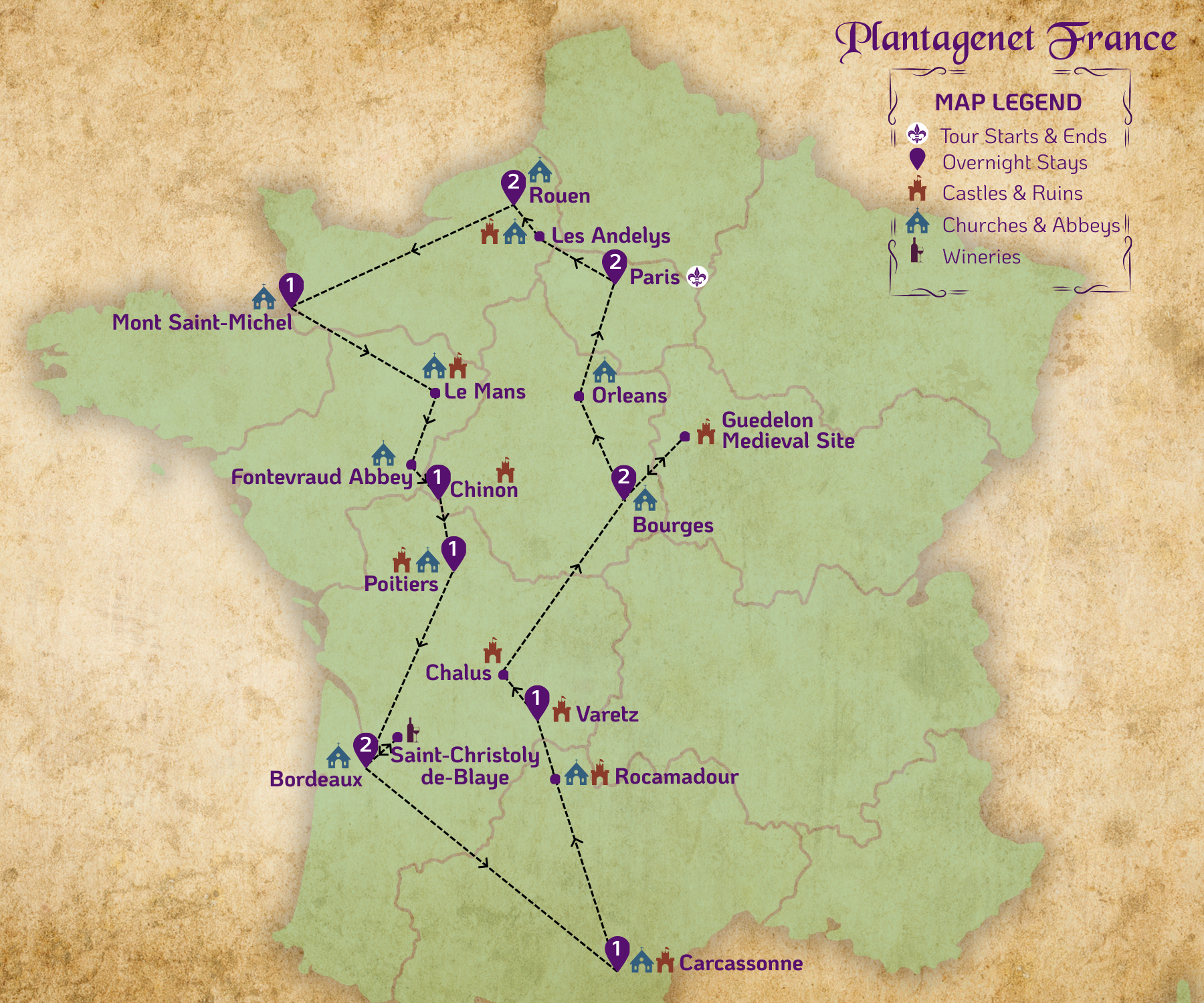 Parchment-style map of France illustrating the route of the Plantagenets in France historical tour, visiting medieval towns and significant Plantagenet sites.