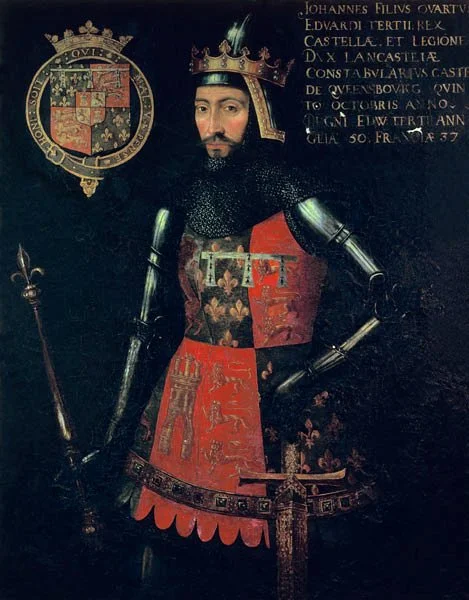 Portrait of John of Gaunt, Duke of Lancaster, depicted in armour and crown, holding a sceptre and wearing a surcoat bearing heraldic arms