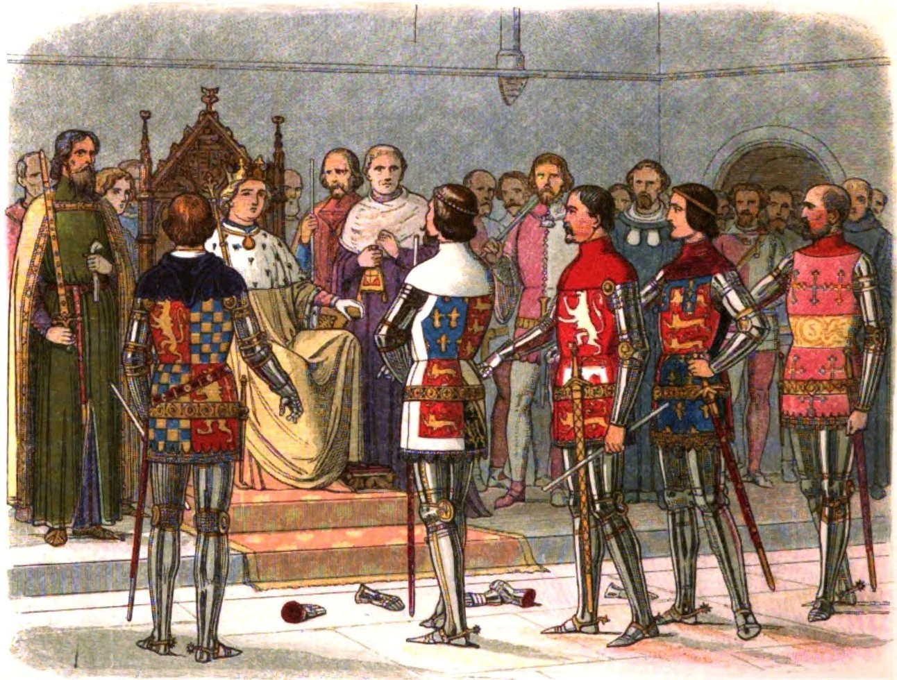 Medieval illustration of King Richard II seated on his throne during the Merciless Parliament of 1388 as armed nobles stand before him.
