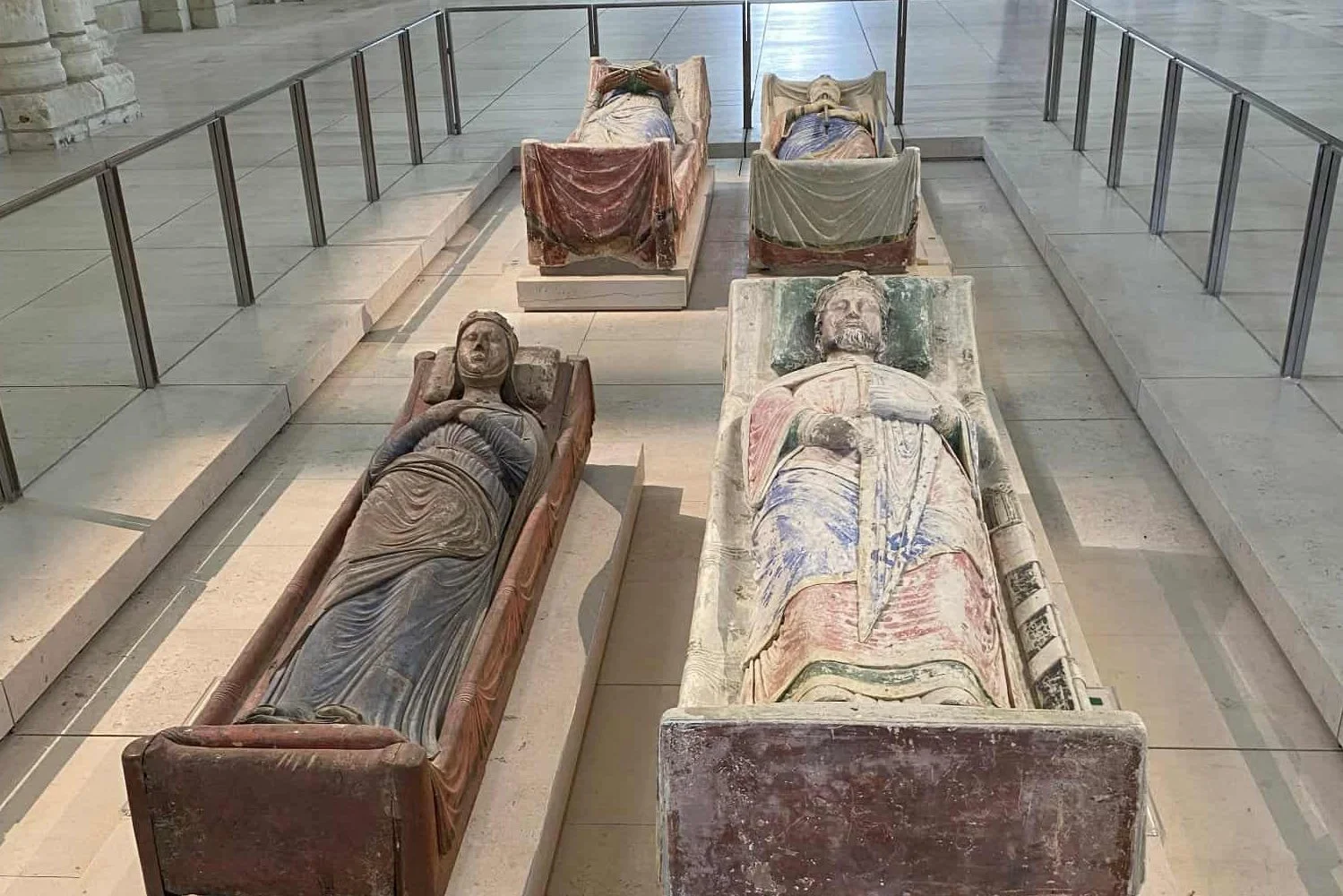 Medieval effigies of Henry II, Eleanor of Aquitaine, Richard the Lionheart and Isabella of Angoulême at Fontevraud Abbey in France.