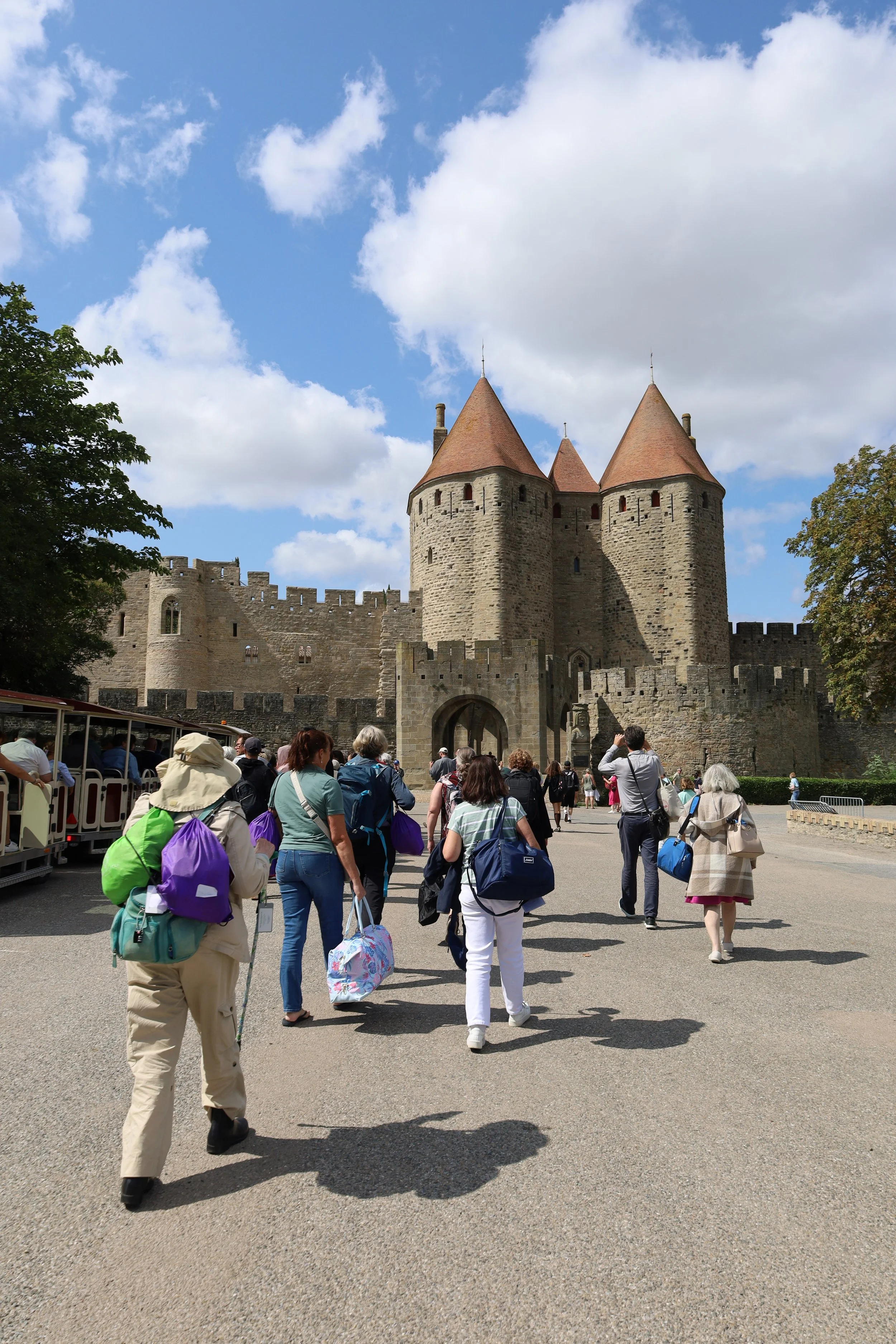 Plantagenet Discoveries guests walking together towards the medieval gates of Carcassonne in France, bringing to life the dream of sharing history through travel.