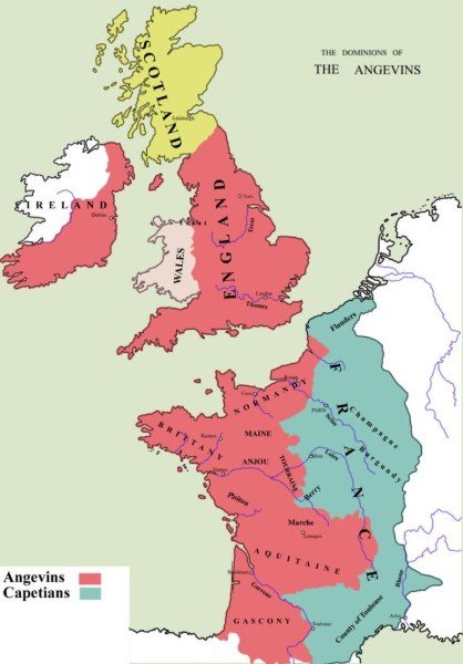 Map of the Angevin domains in the 12th century showing Plantagenet territories across England and France, including Normandy, Anjou, Maine, Brittany, Aquitaine and Gascony.