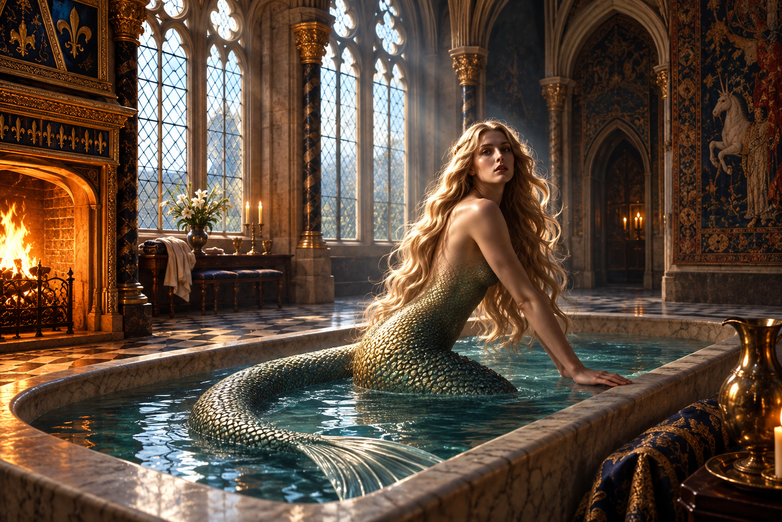 AI illustration of Melusine bathing in a medieval castle, depicted as a beautiful woman with the lower body of a serpent.