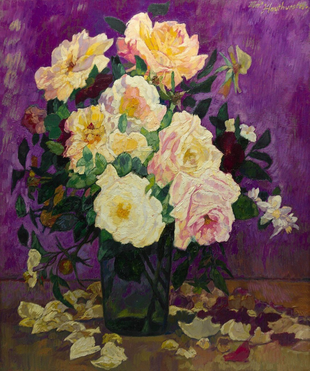 Still life with roses in a vase (c.1951) by Albert Houthuesen (1903-1979)
Oil on canvas 76.3 x 63.4 cm 
Title may be descriptive (taken from printed label on frame). Further info states that this was painted circa 1951 at Oxted.

#houthuesen #alberth