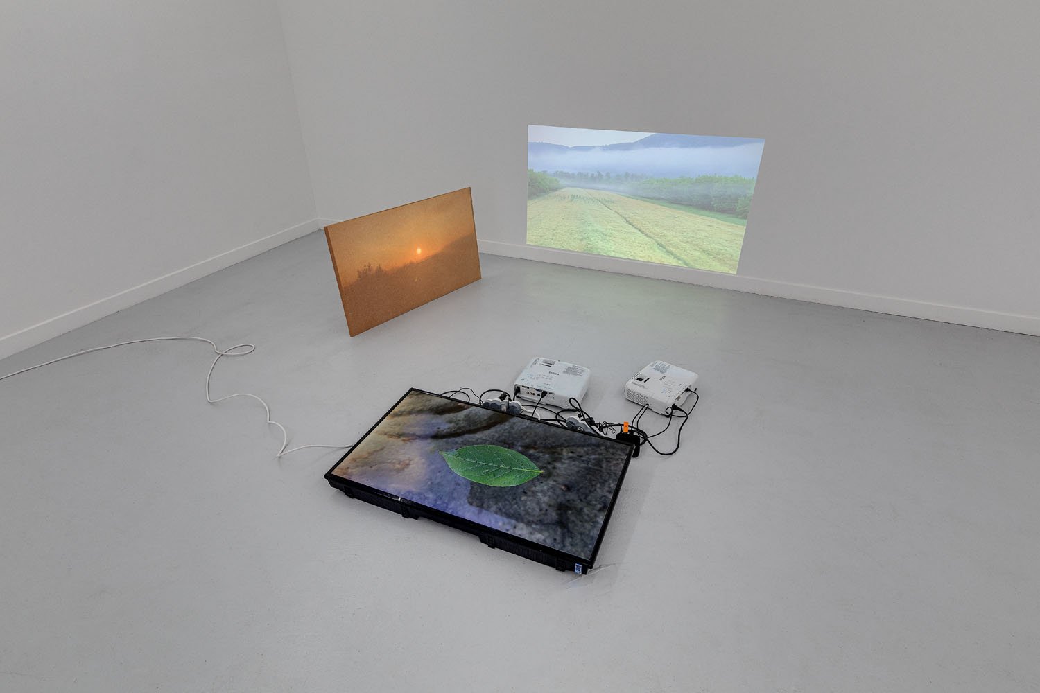 Untitled, 2019-2022, installation with 2 projectors, 1 TV screen, electrical cables, selection of looping videos