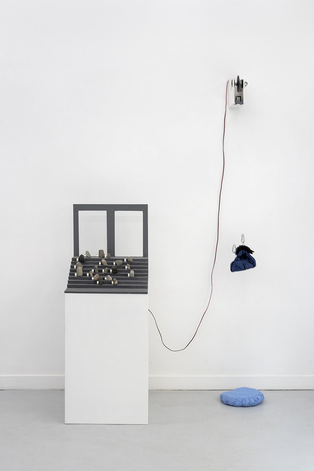  D’après (Adrian Paci), 2023, wood, stones, led lamps, gravity electric generator 50 x 50 x 50 cm (and generator, 20 x 20 x 8 cm) 