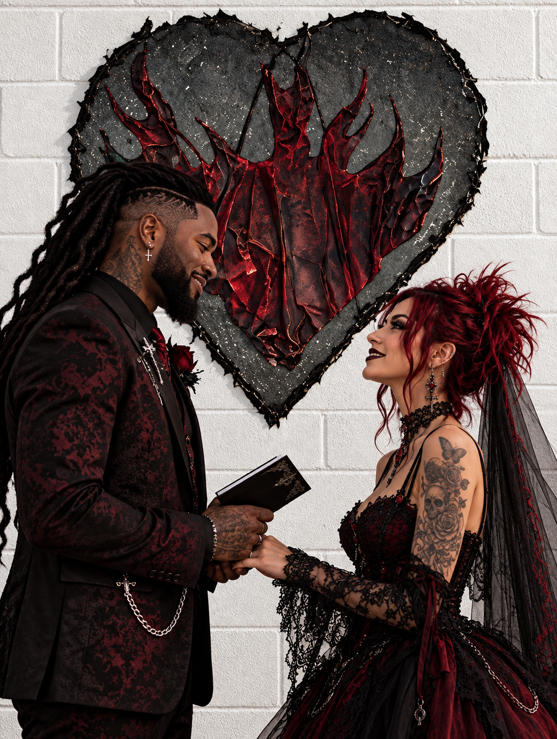 Gothic wedding in Kissimmee FL in front of the hearts on fire sculpture 