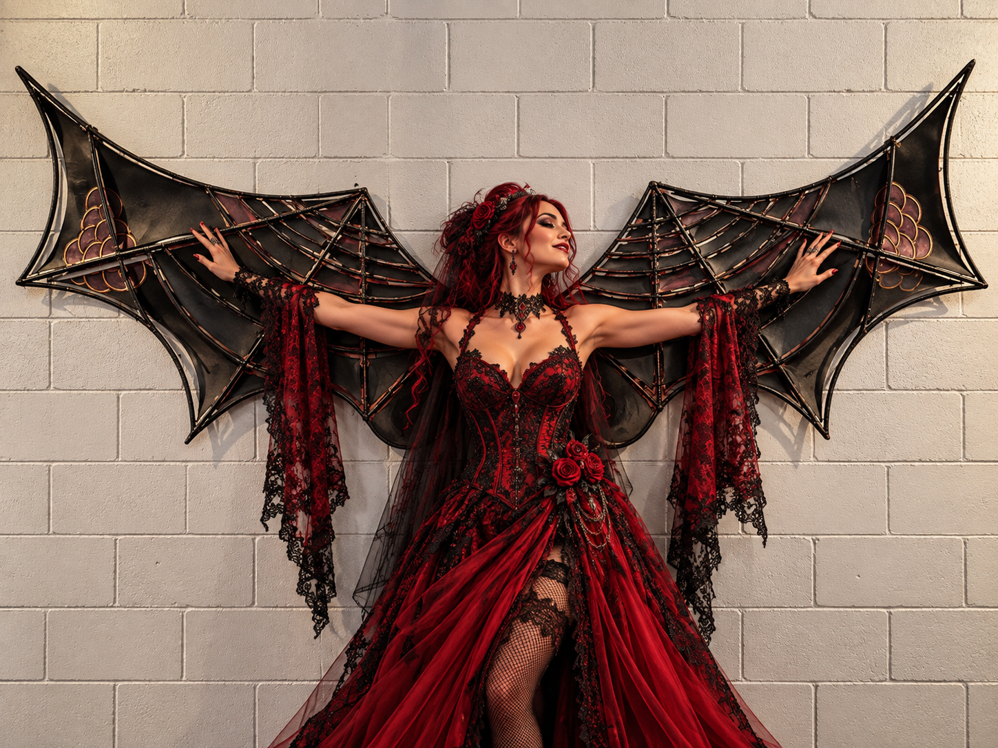 Gothic bride in front of bat wings at VIolet's Venom Brewery in Kissimmee 