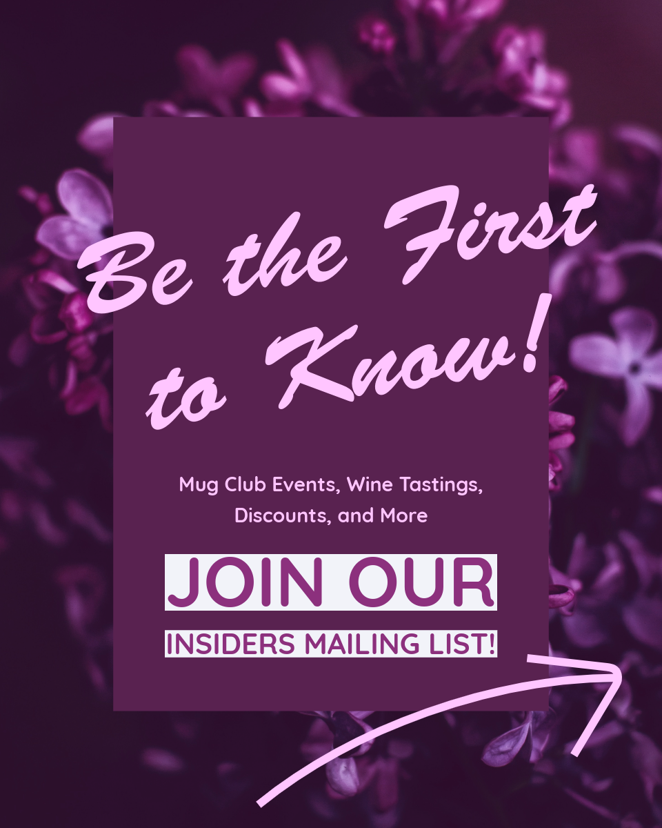 Purple promotional graphic with lilac flowers in the background, containing text about joining a Mug Club, wine tastings, discounts, and mailing list for insiders.