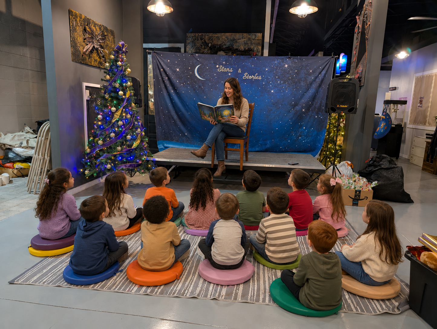 A woman reading a storybook to children seated on colorful cushions in front of a small stage decorated with a Christmas tree and a starry night backdrop.