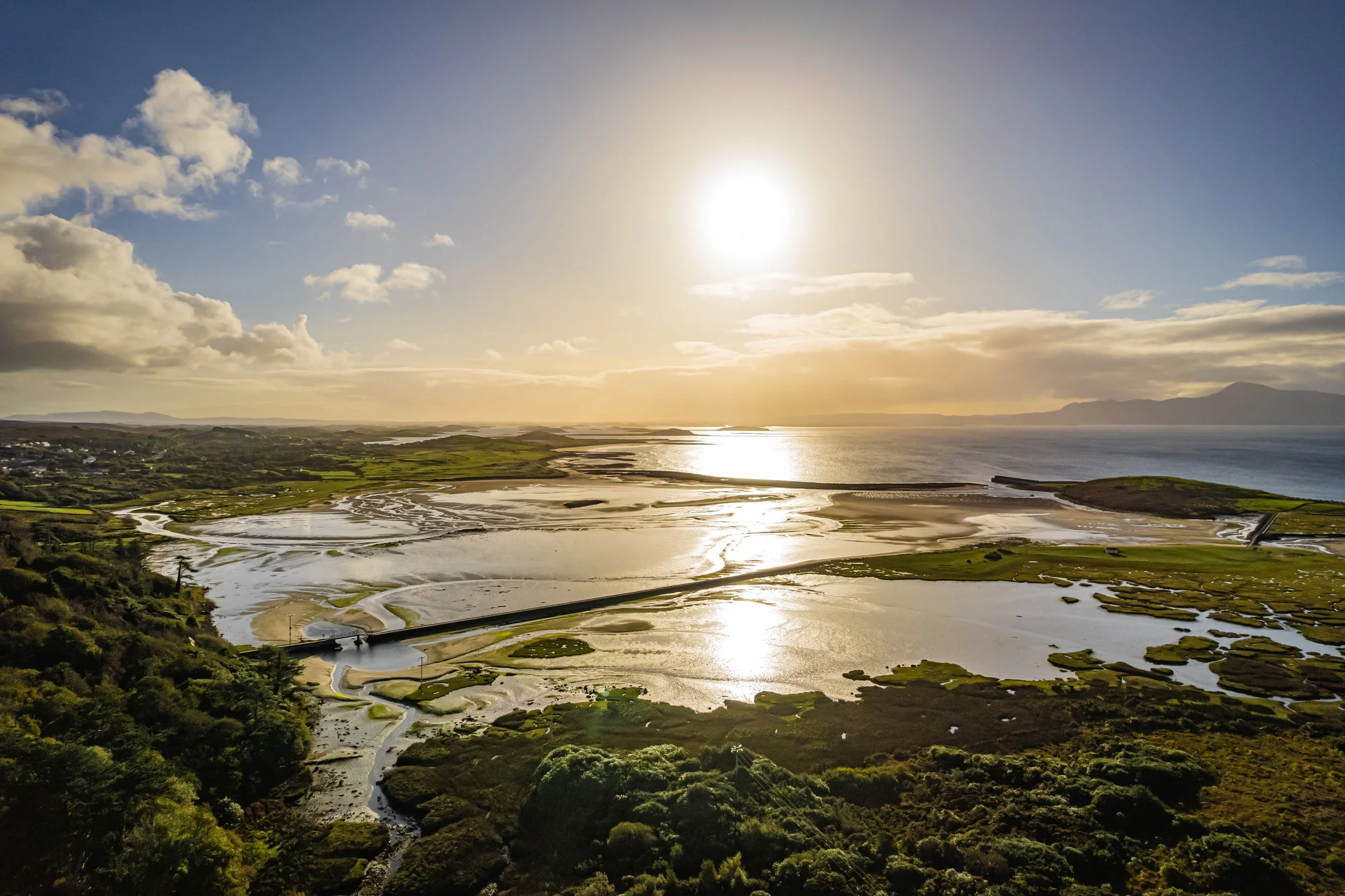 Drone Shot of Mulranny Landscape with ocean and mountain views