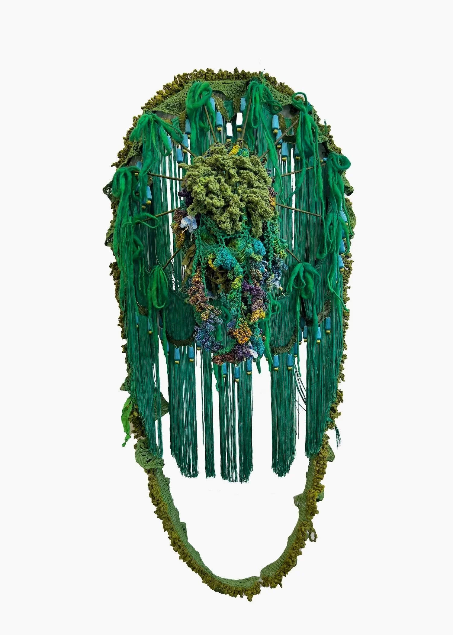 Random Growth Model #1 (Cluster) | Hand-dyed and manipulated vintage crocheted textiles, wool and cotton yarn, fringe trim, wire structure | 46 by 20 by 12inches | 2025